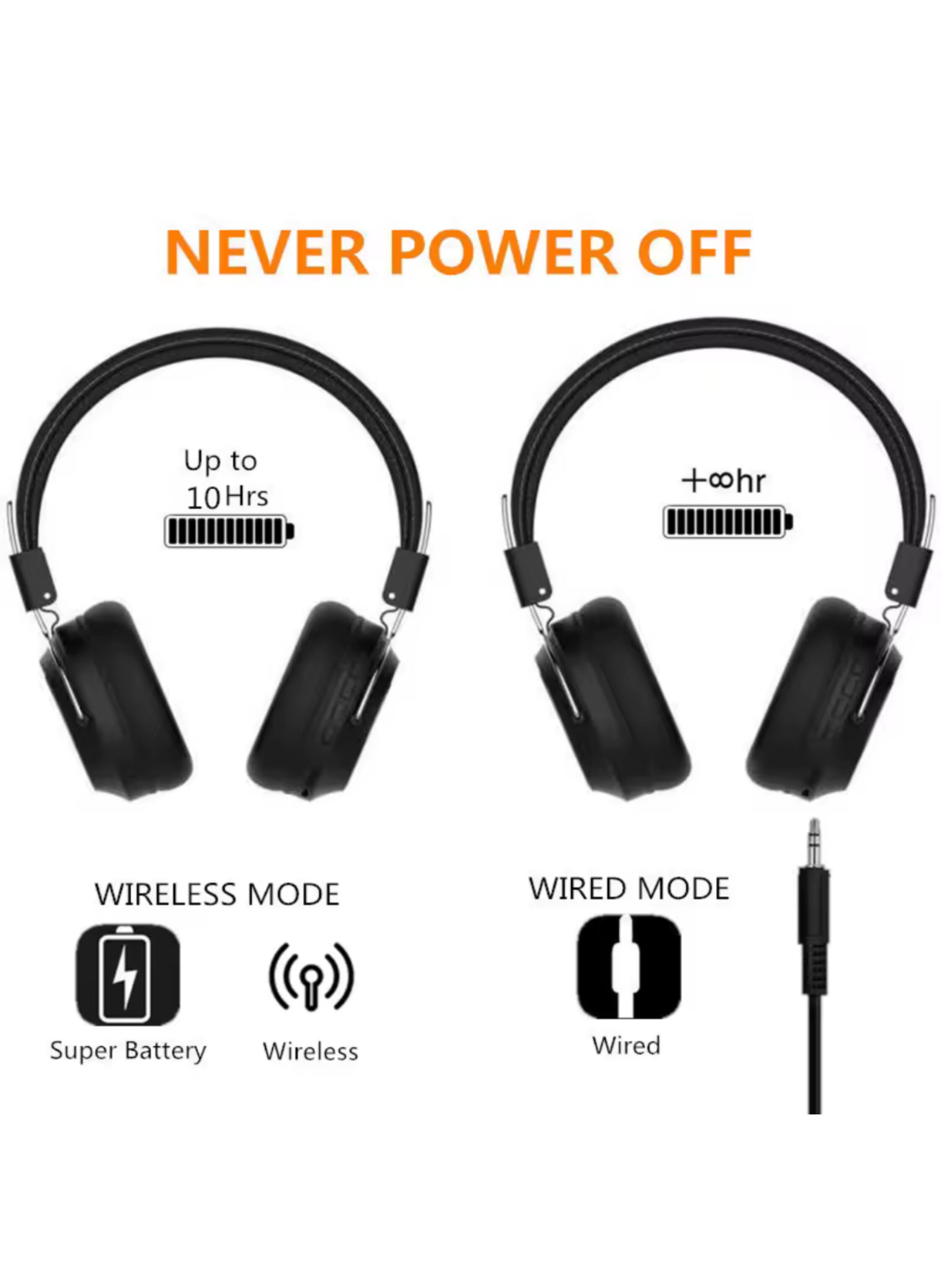 Wireless Bluetooth Headphones, Stereo Sound, Large Earbuds, Sports Earphones with Built-in Microphone (Black)سماعات رأس لاسلكية بتقنية البلوتوث، صوت ستيريو،  سماعة رأس كبيرة، سماعة أذن رياضية ميكروفون مدمج (أسود)