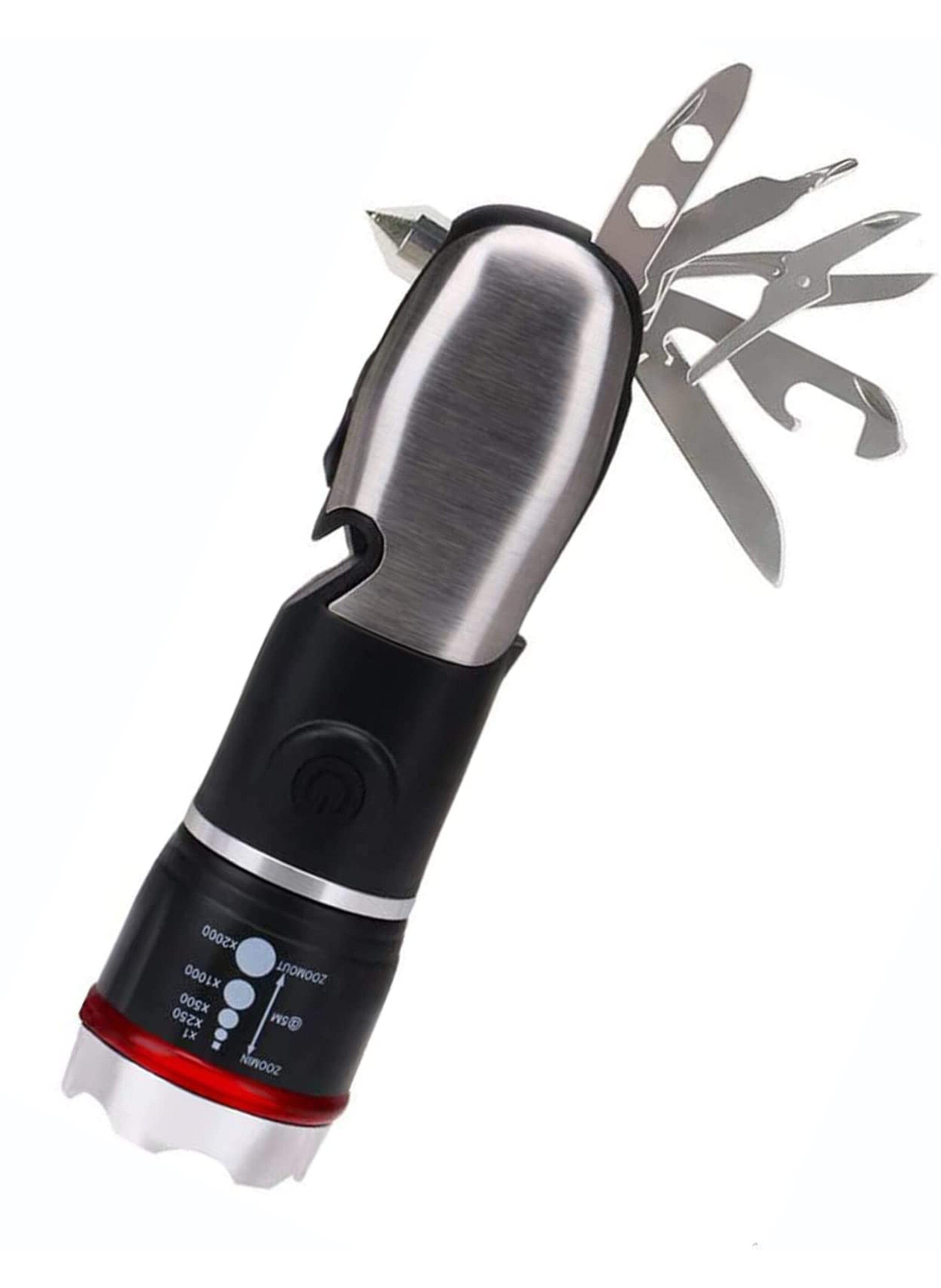 مصباح يدوي LED تكتيكي متعدد المهام للطوارئ - كشاف قوي 5 في 1 مع قاطع حزام أمان وكسارة زجاج وسكين تخييمMulti-Tool Tactical LED Flashlight for Emergencies - 5-in-1 Powerful Torch with Seat Belt Cutter, Glass Breaker, and Camping Knife