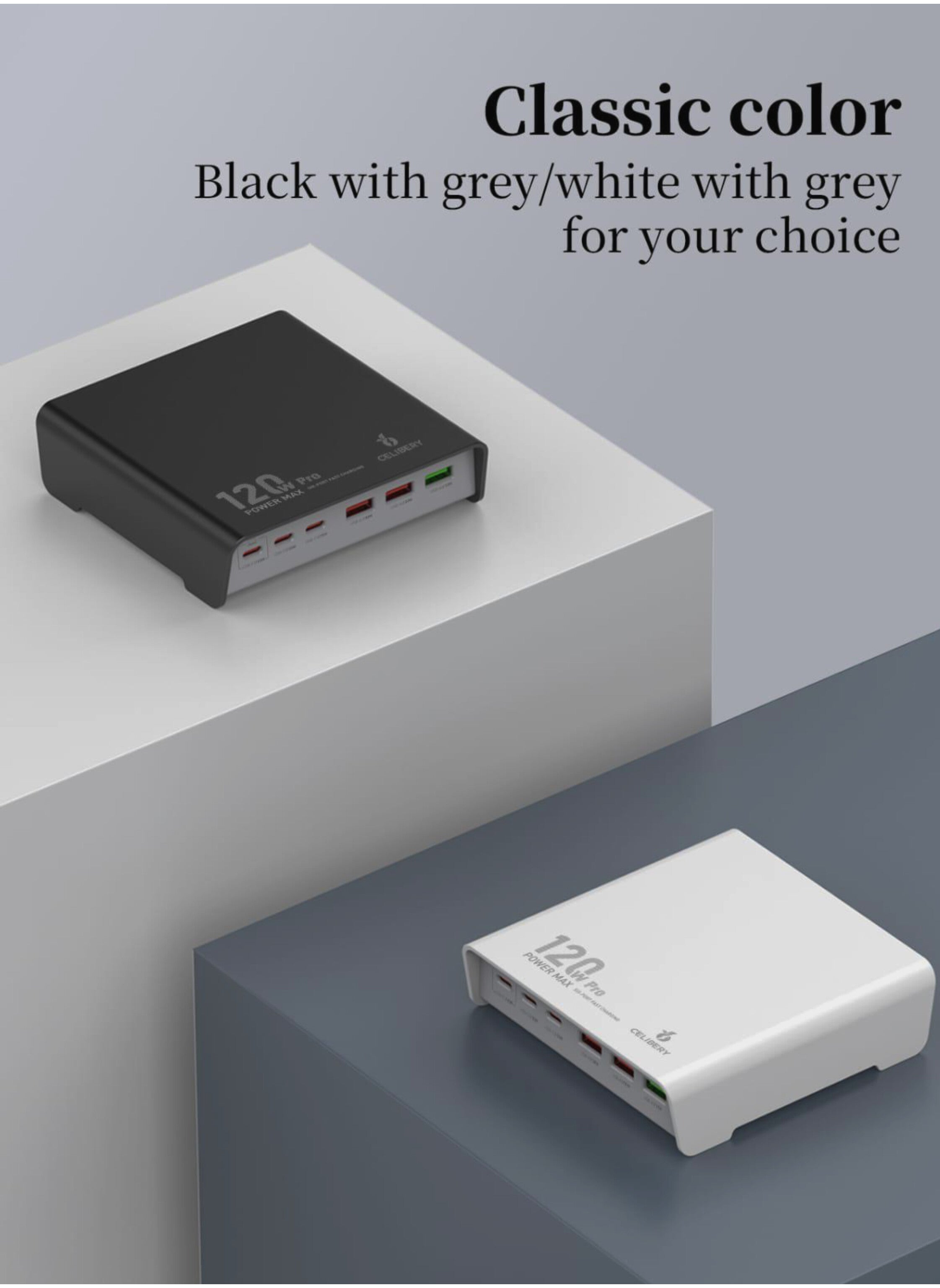 شاحن مكتبي فائق السرعة بقدرة 120 واط – 6 منافذ شحن ذكي PD & USB لأجهزة اللابتوب والهواتف والأجهزة اللوحية