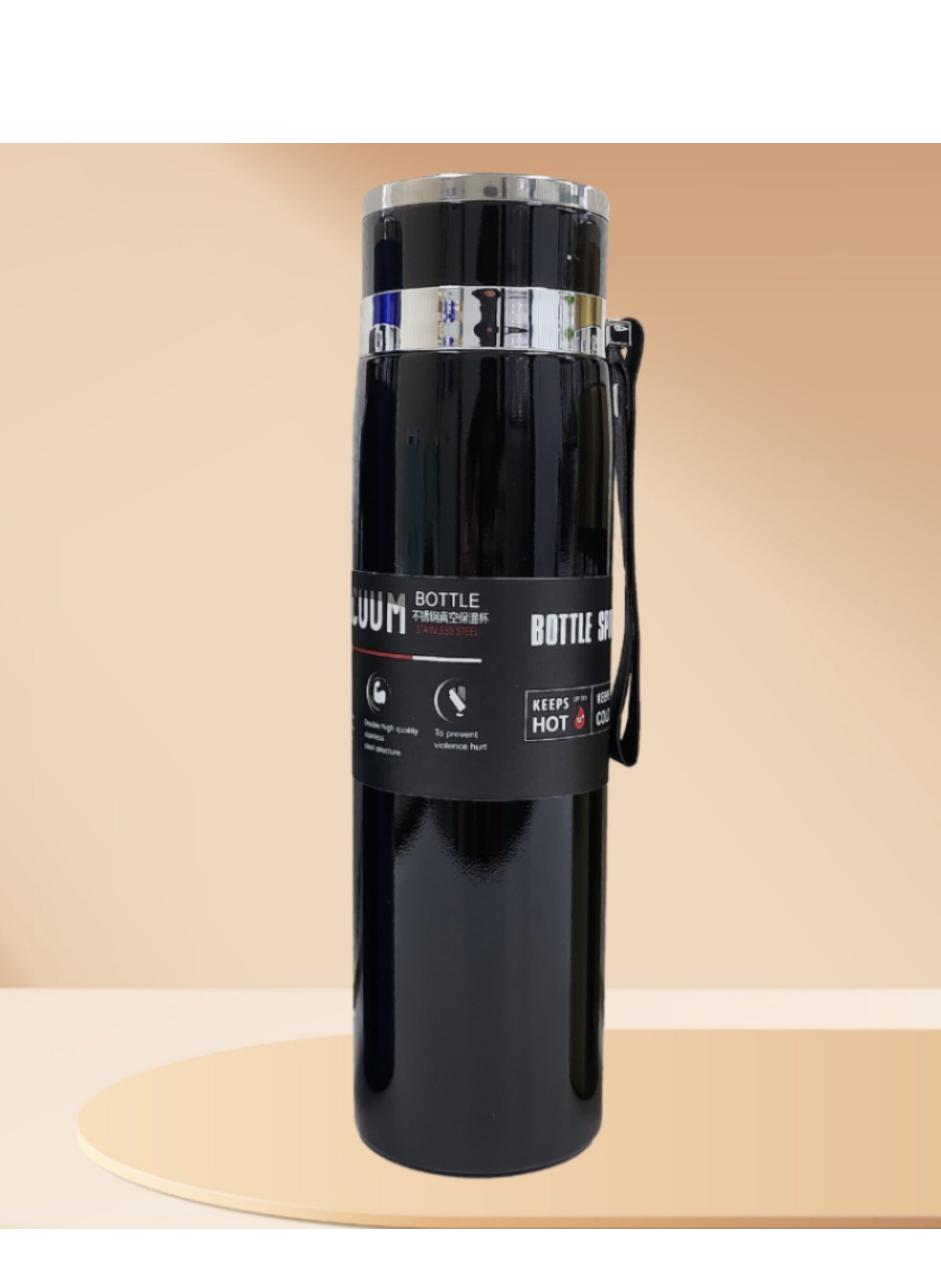 قارورة عازلة (ترمس) من الفولاذ المقاوم للصدأ سعة 1000 مل - اللون الأسود 1000 ml Stainless Steel Insulated Flask (Thermos) - Black Color