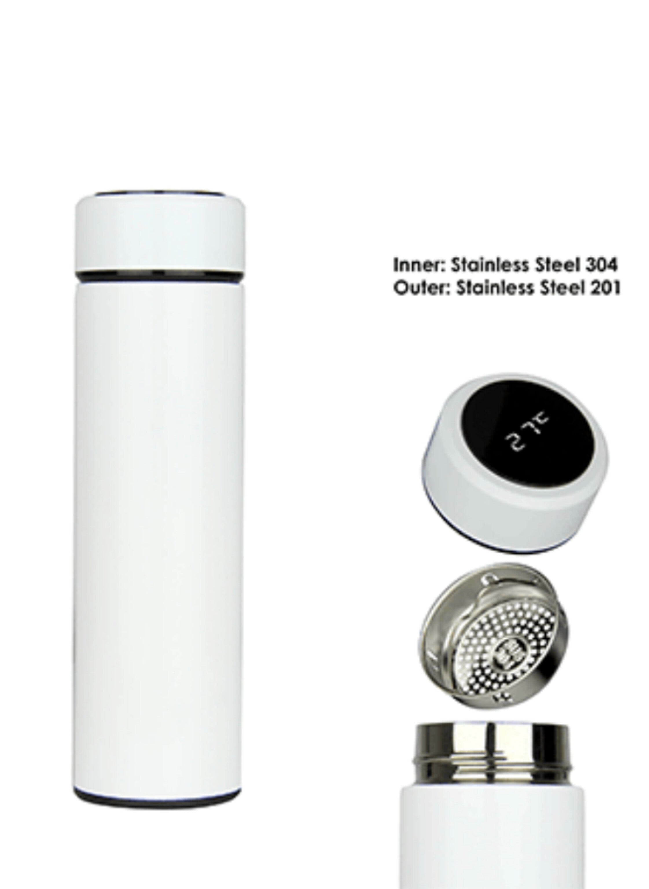 500ml Smart Water Bottle with LED Display Stainless Steel Thermostat for Hot and Cold Coffee and Tea for School, Home and Office white colourزجاجة مياه ذكية  500 مل بشاشة LED لعرض من الستانلس ستيل لمدة حراري للمدرسة والمنزل والمكتب لون ابيض