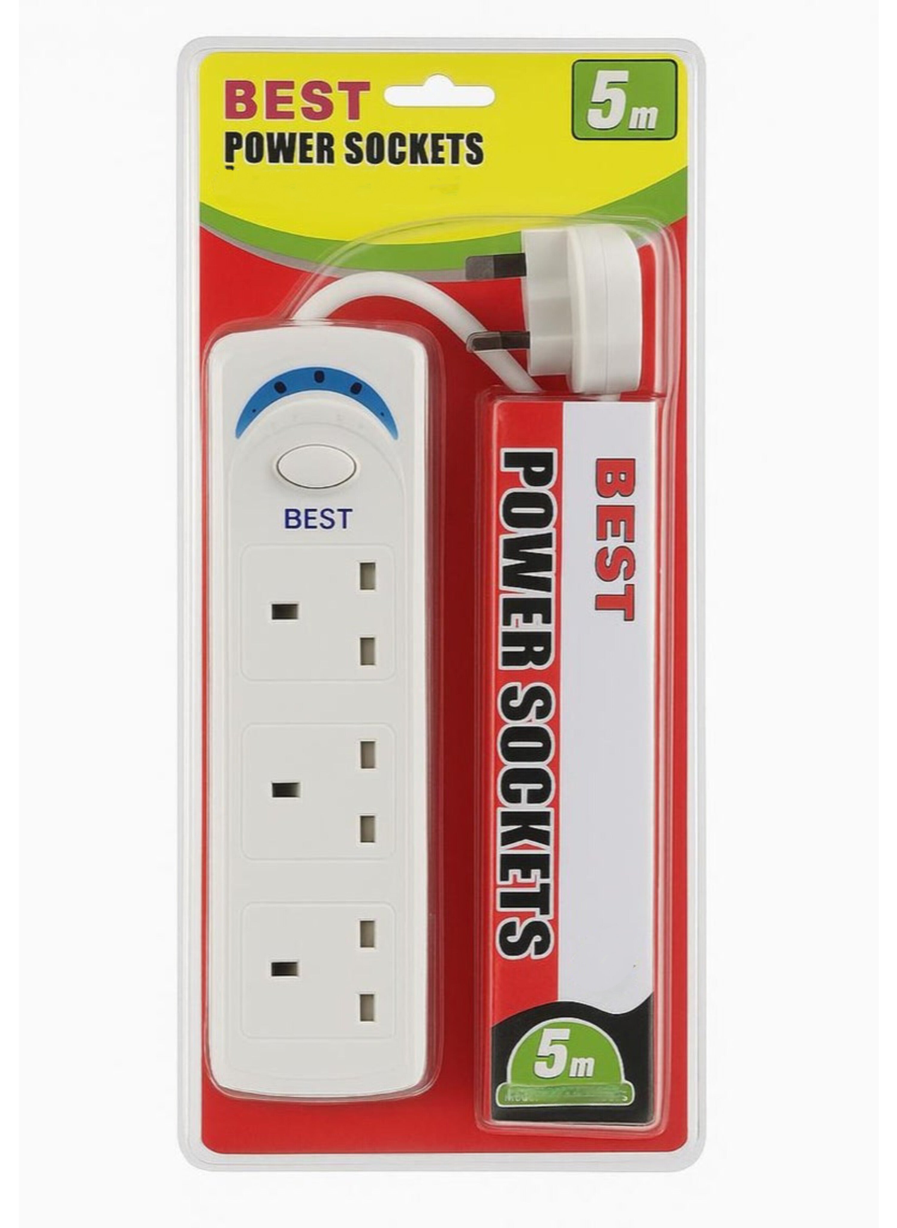 توصيلة كهربائية ثلاثية المقابس بطول 5 متر مع مفتاح تشغيل/إيقاف رئيسي  3-Way Power Extension Socket with 5-Meter Cord, Master ON/OFF Switch,