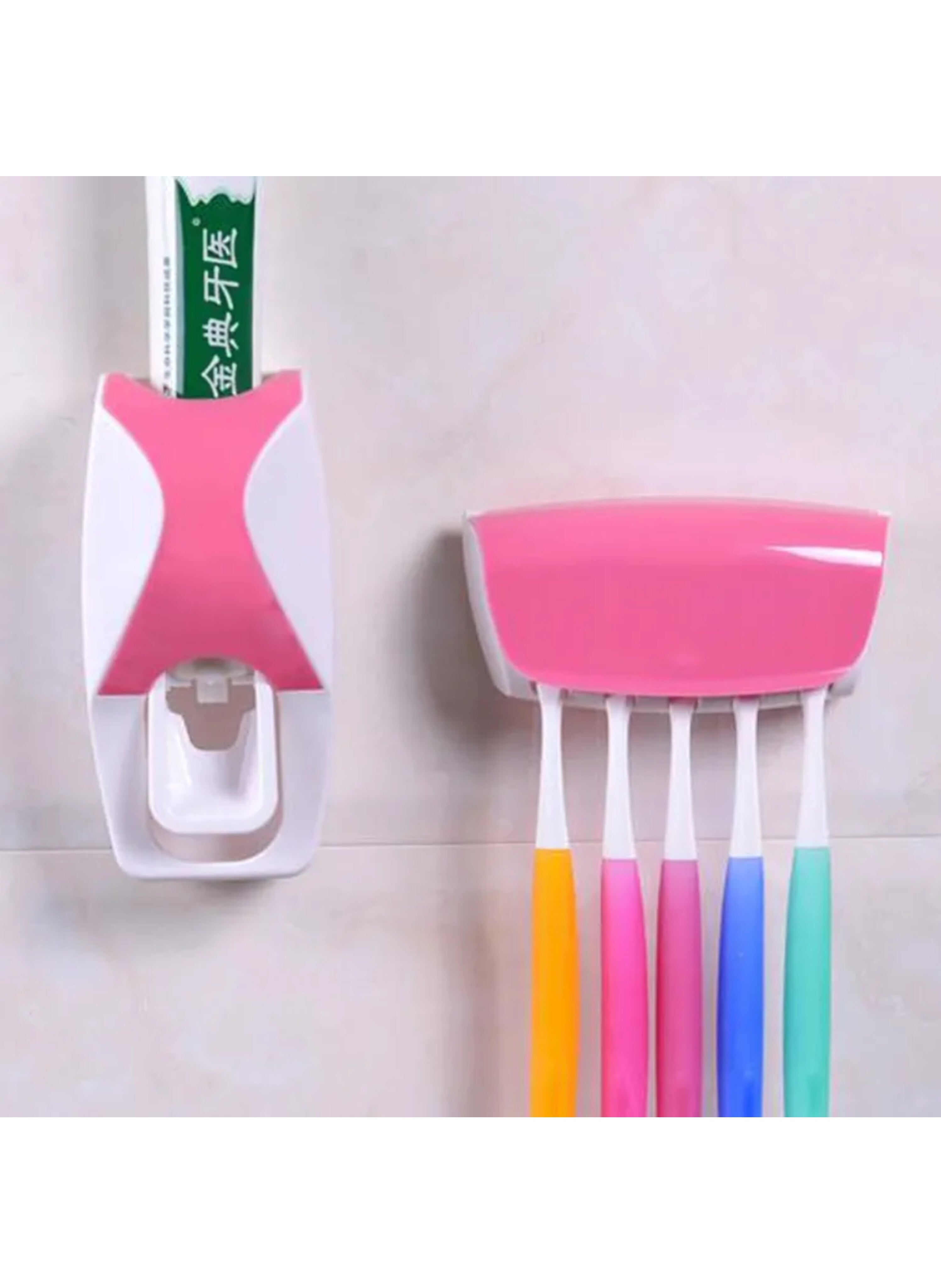 مجموعة موزع معجون أسنان أوتوماتيكي وحامل فرش أسنان جداري - منظم حمام وردي وأبيض يركب بدون ثقب ويتسع لخمسة فراشٍ Automatic Toothpaste Dispenser and Wall-Mounted Toothbrush Holder Set - Pink and White No-Drill Bathroom Organizer for Five Brushes