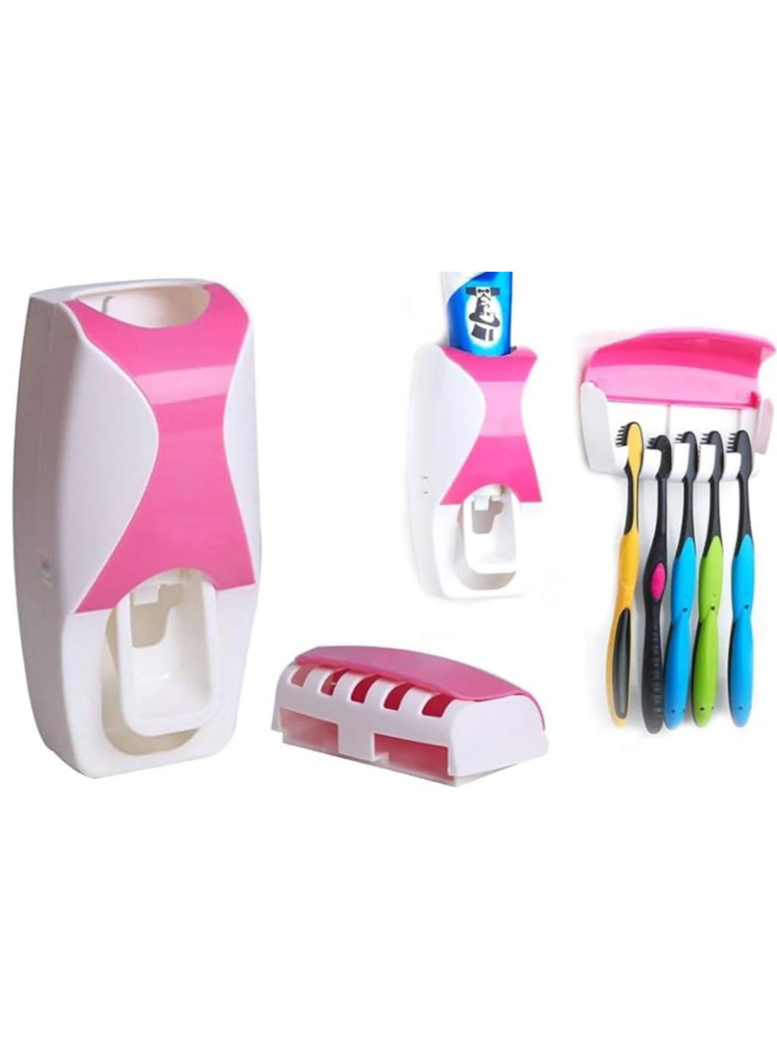 مجموعة موزع معجون أسنان أوتوماتيكي وحامل فرش أسنان جداري - منظم حمام وردي وأبيض يركب بدون ثقب ويتسع لخمسة فراشٍ Automatic Toothpaste Dispenser and Wall-Mounted Toothbrush Holder Set - Pink and White No-Drill Bathroom Organizer for Five Brushes