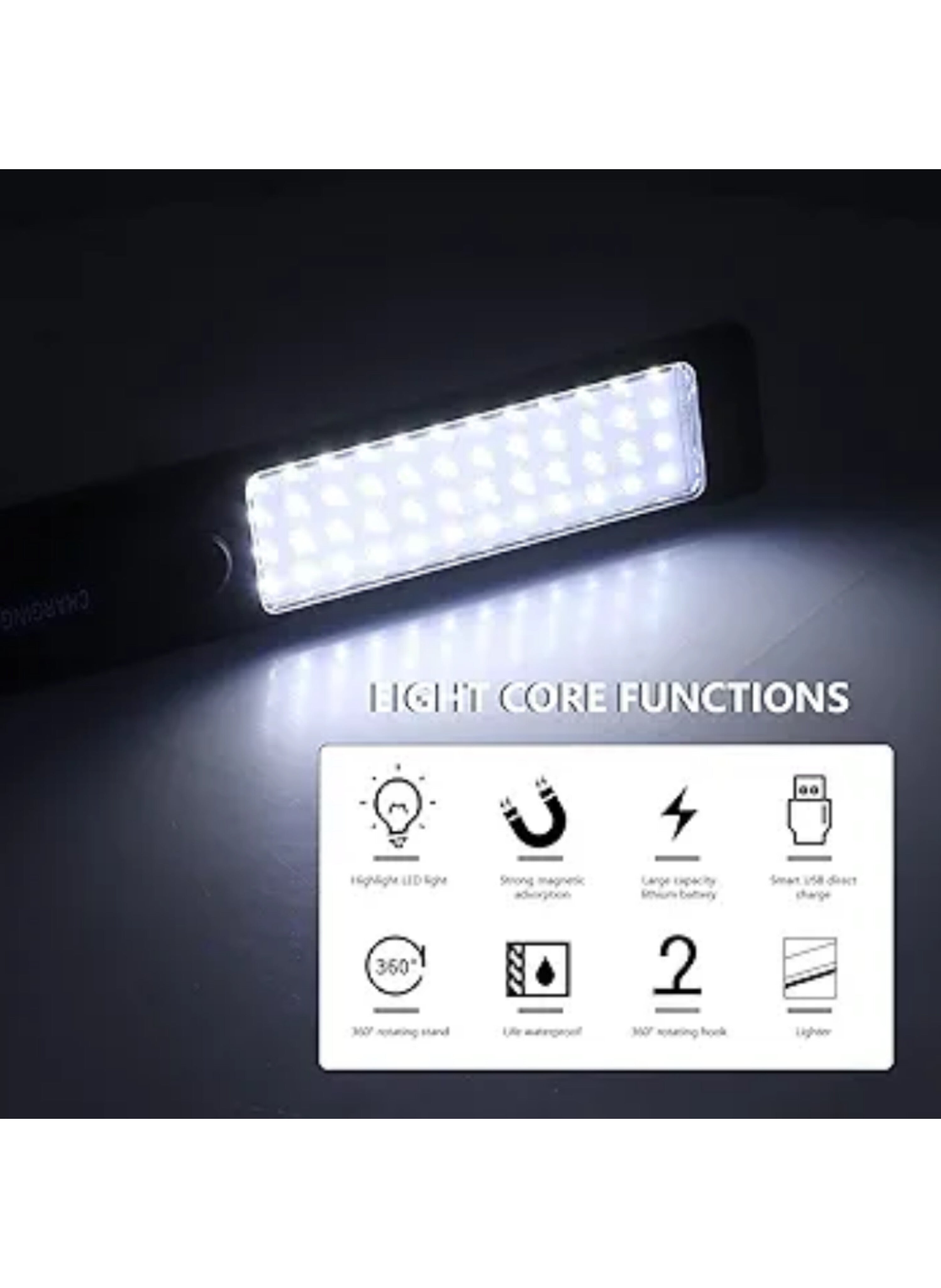 Portable USB Charging Work Light, Rechargeable 48 LED Work Light with 360-Degree Hook, 1000 Lumens, Portable Lamp for Car Repair and Outdoor Camping