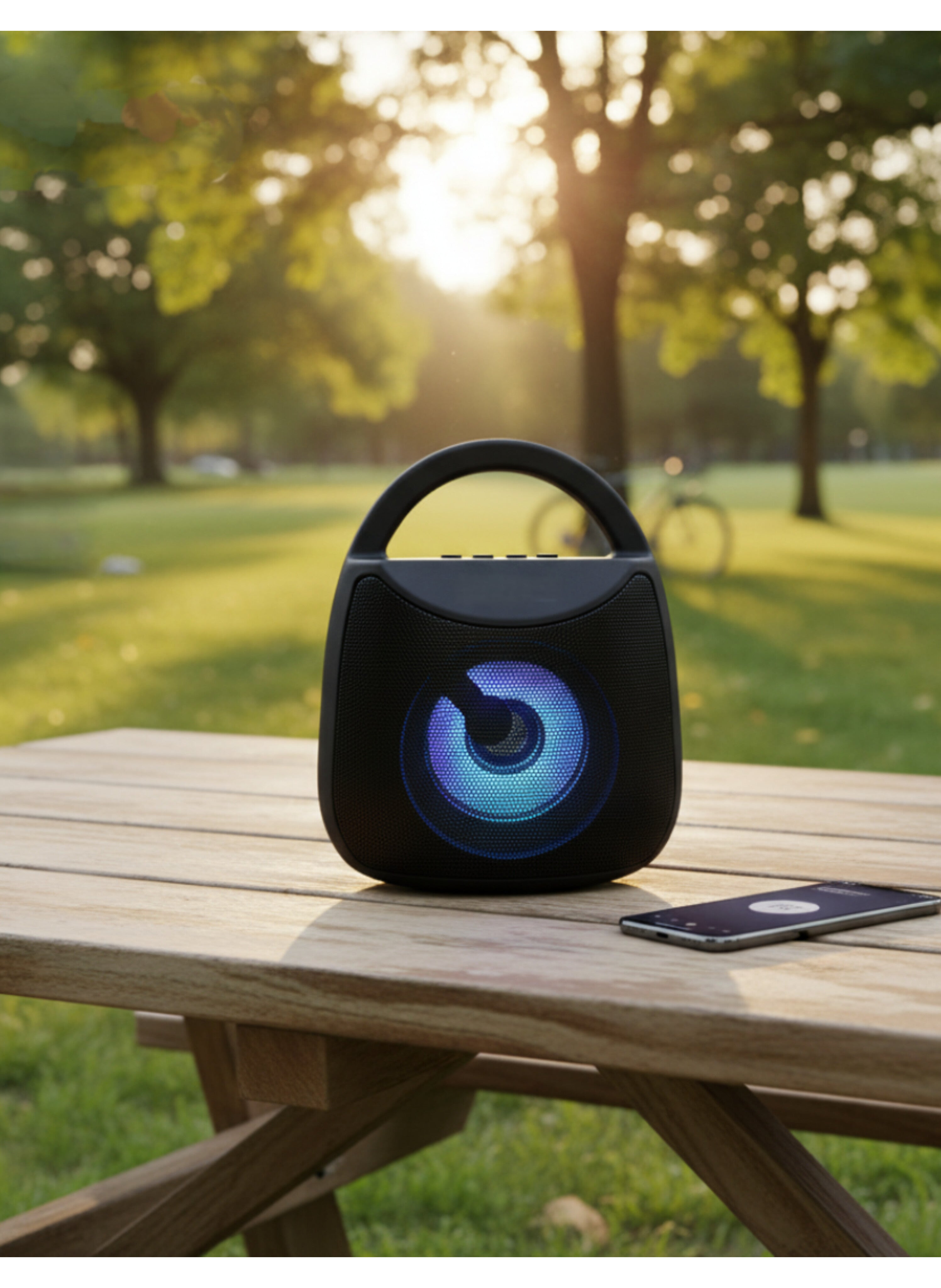 مكبر صوت بلوتوث محمول أسود مع إضاءة LED ملونة - سماعة لاسلكية بصوت قوي ومقبض حمل مريح Black Portable Bluetooth Speaker with Colored LED Light - Wireless Loud Speaker with Comfortable Carry Handle