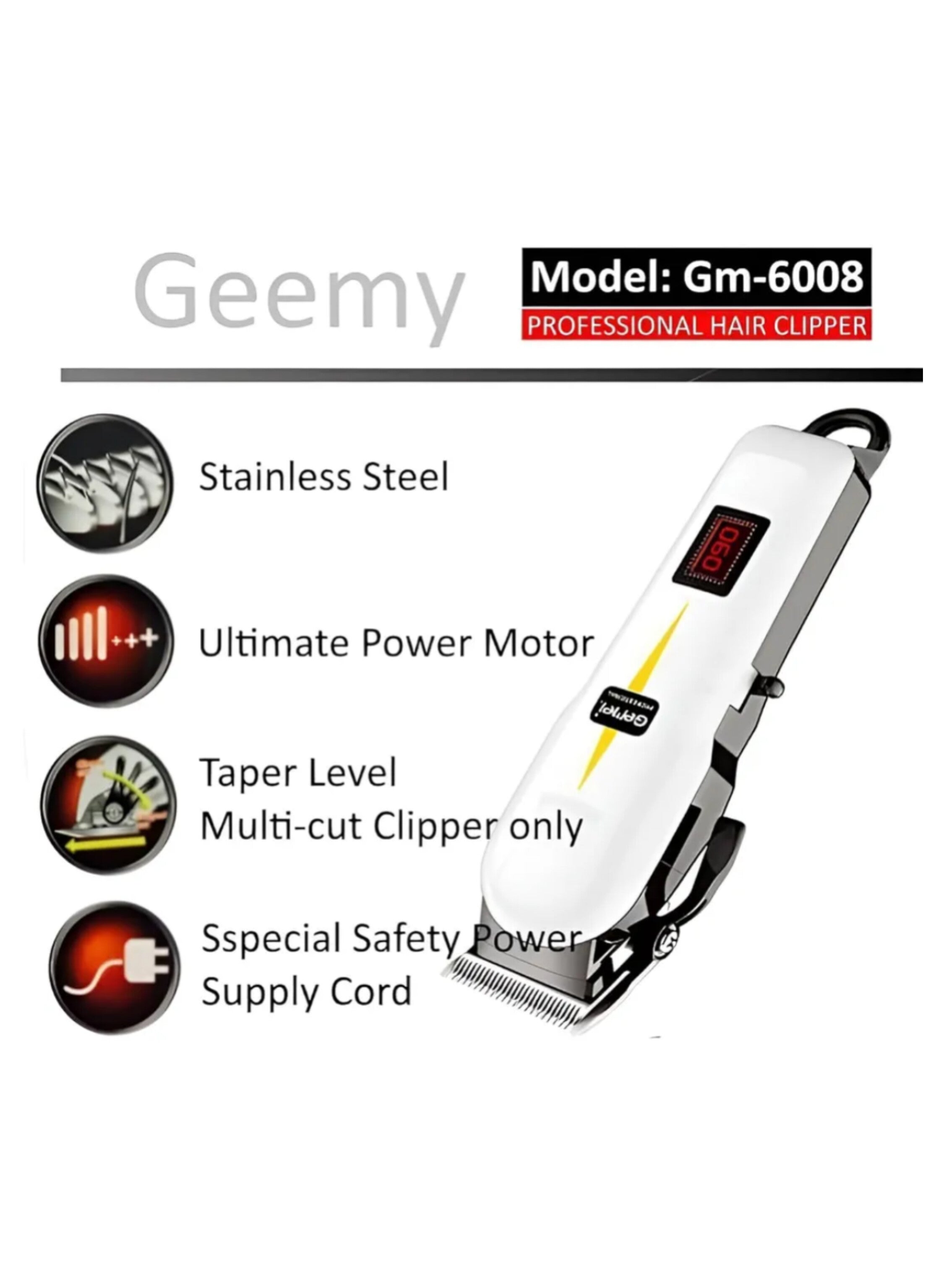 ماكينة حلاقة شعر ولحية احترافية Geemy GM-6008 - شفرات ستانلس ستيل ذاتية الشحذ، قص دقيق، ومحرك قوي صامت Geemy GM-6008 Professional Hair & Beard Clipper - Self-Sharpening Stainless Steel Blades, Precision Cutting, and Powerful Quiet Motor