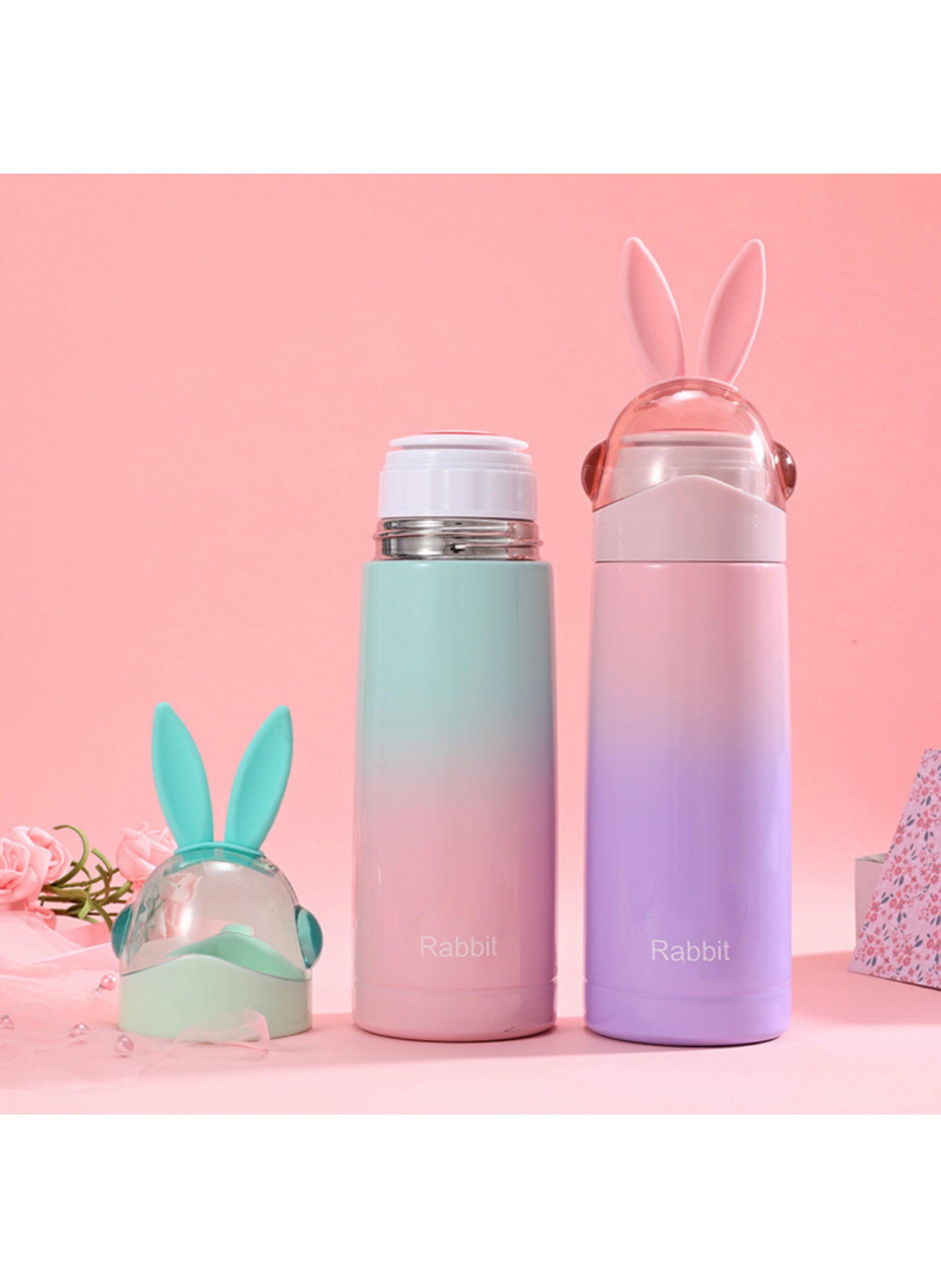 قارورة حرارية معزولة للأطفال سعة 350 مل، ستانلس ستيل 304، بتصميم أرنب لطيف متعدد الألوان، يحفظ الحرارة حتى 12 ساعة Kids Insulated Thermal Water Bottle 350ml, Stainless Steel 304, Cute Bunny Design, Multi-Color Vacuum Flask (12H Heat Retention)