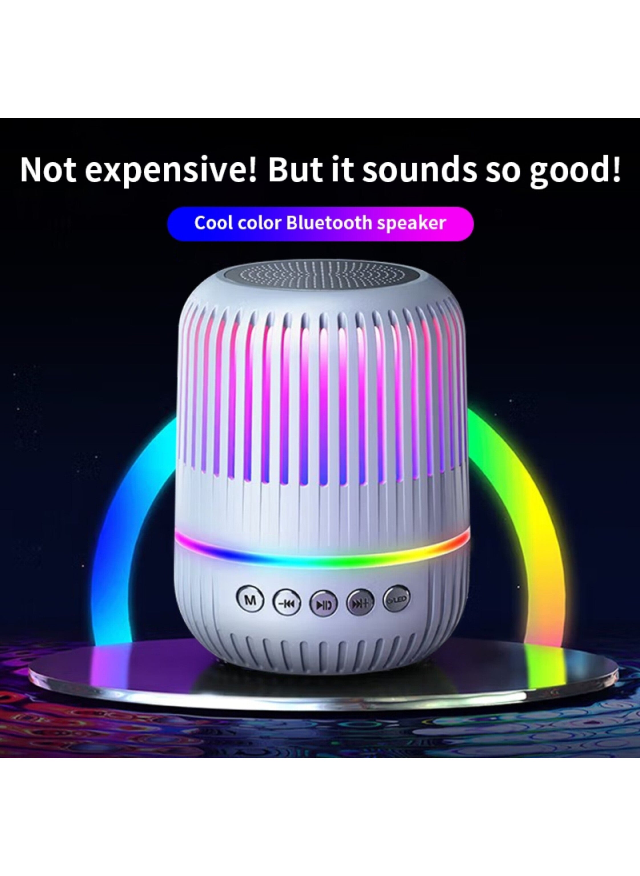 M4 Mini Bluetooth Speaker – Portable Wireless Speaker with RGB Lights, Deep Bass Woofer, USB/AUX Support, Compact Design for Home & Office white مكبر صوت بلوتوث M4 ميني محمول – إضاءة RGB، صوت جهير عميق، تشغيل USB وAUX، تصميم أنيق للمكتب أو المنزل لون ابيض