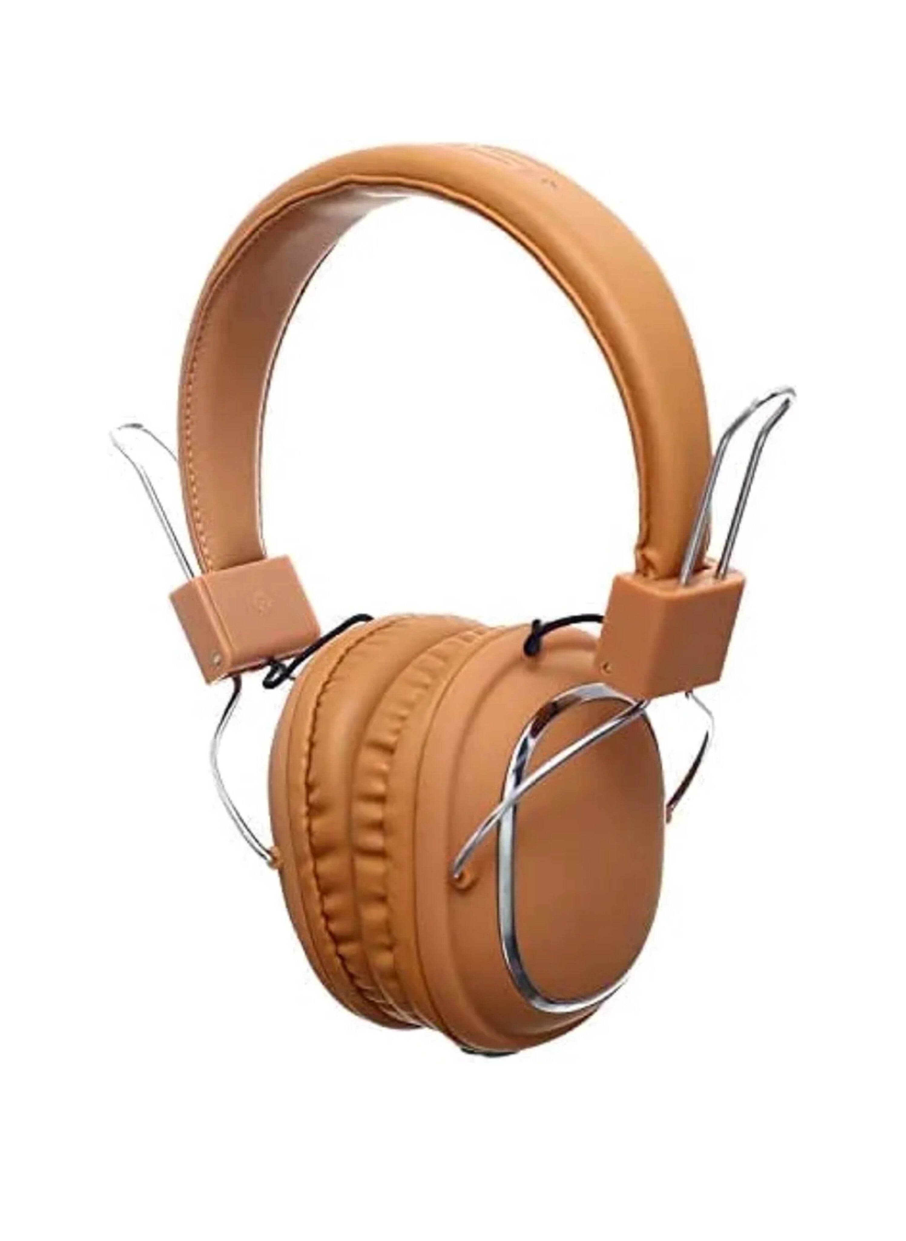 Orange/Tan Leather Wireless Over-Ear Bluetooth Headphones - Modern Design with Silver Metal Accents and HD Stereo Soundسماعات رأس لاسلكية فوق الأذن برتقالية/جلد تان - بلوتوث، تصميم عصري بمعدن فضي وصوت ستيريو عالي الوضوح