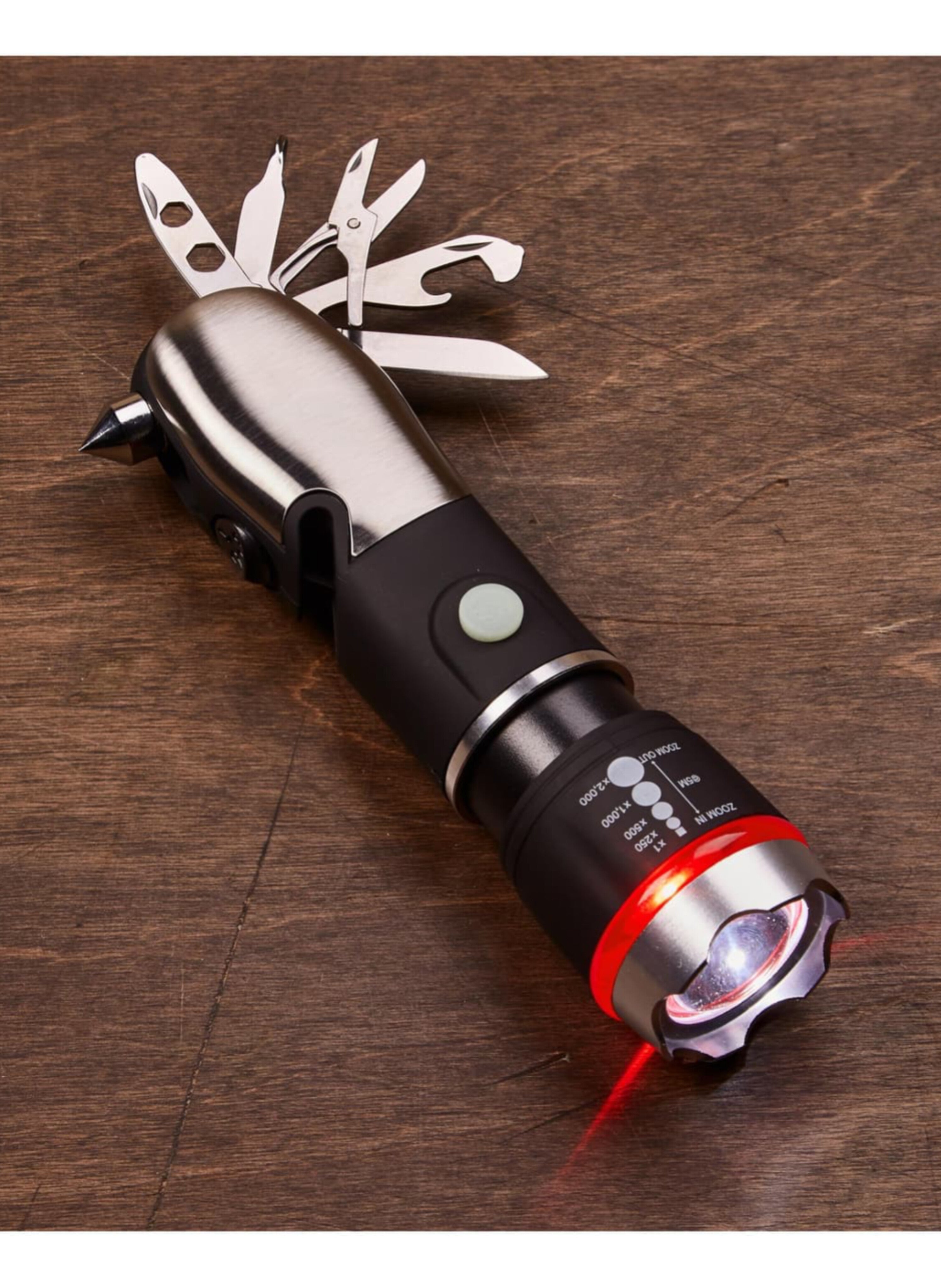 مصباح يدوي LED تكتيكي متعدد المهام للطوارئ - كشاف قوي 5 في 1 مع قاطع حزام أمان وكسارة زجاج وسكين تخييمMulti-Tool Tactical LED Flashlight for Emergencies - 5-in-1 Powerful Torch with Seat Belt Cutter, Glass Breaker, and Camping Knife