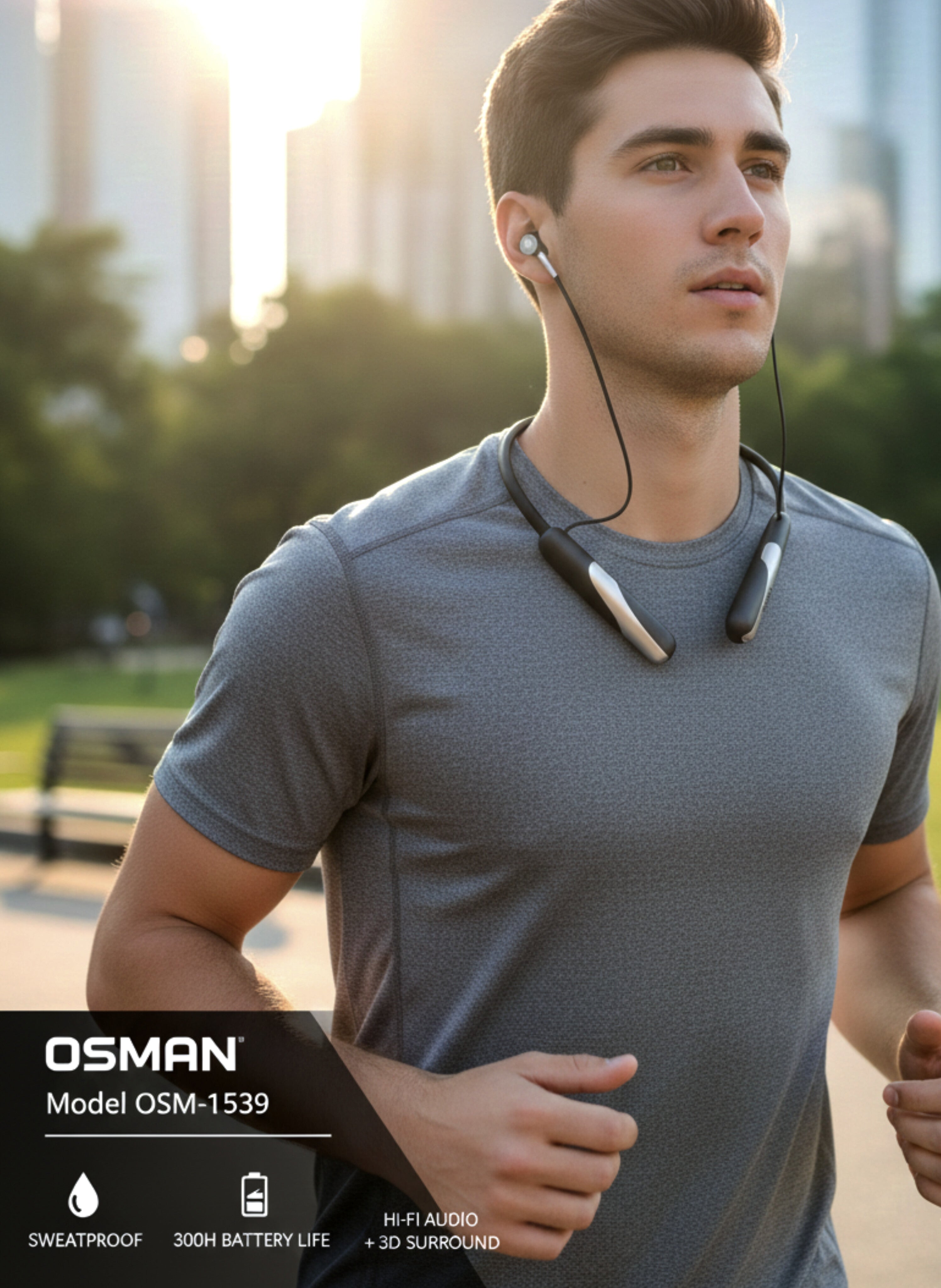 Wireless Neckband Half-in Ear Headphones - Hi-Fi Stereo Surround Sound Technology with Up to 300 Minutes Music Playtime and Long-Lasting Battery.سماعات أذن لاسلكية حول الرقبة - تقنية هاي فاي (Hi-Fi)مع وقت تشغيل للموسيقى يصل إلى 300 دقيقة.