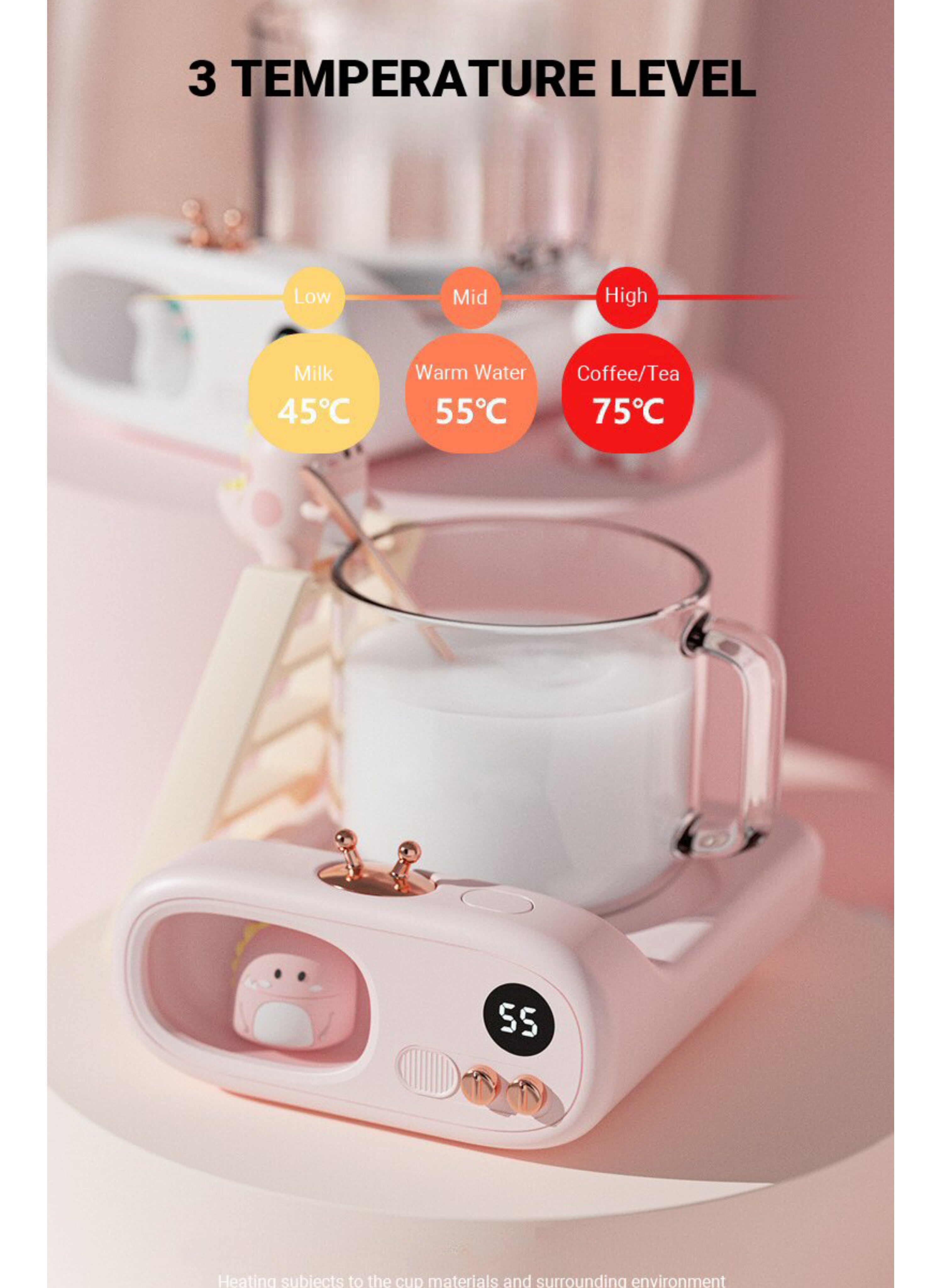 Smart Electric Cute Desktop Mug Warmer, Beverage Heater for Home and Office.مدفأة أكواب مكتبية كهربائية ذكية بتصميم لطيف، مع شاشة رقمية لعرض درجة الحرارة °C ومؤقت، وسخان تسخين القهوة والشاي والحليب الأوتوماتيكي للمنزل والمكتب.