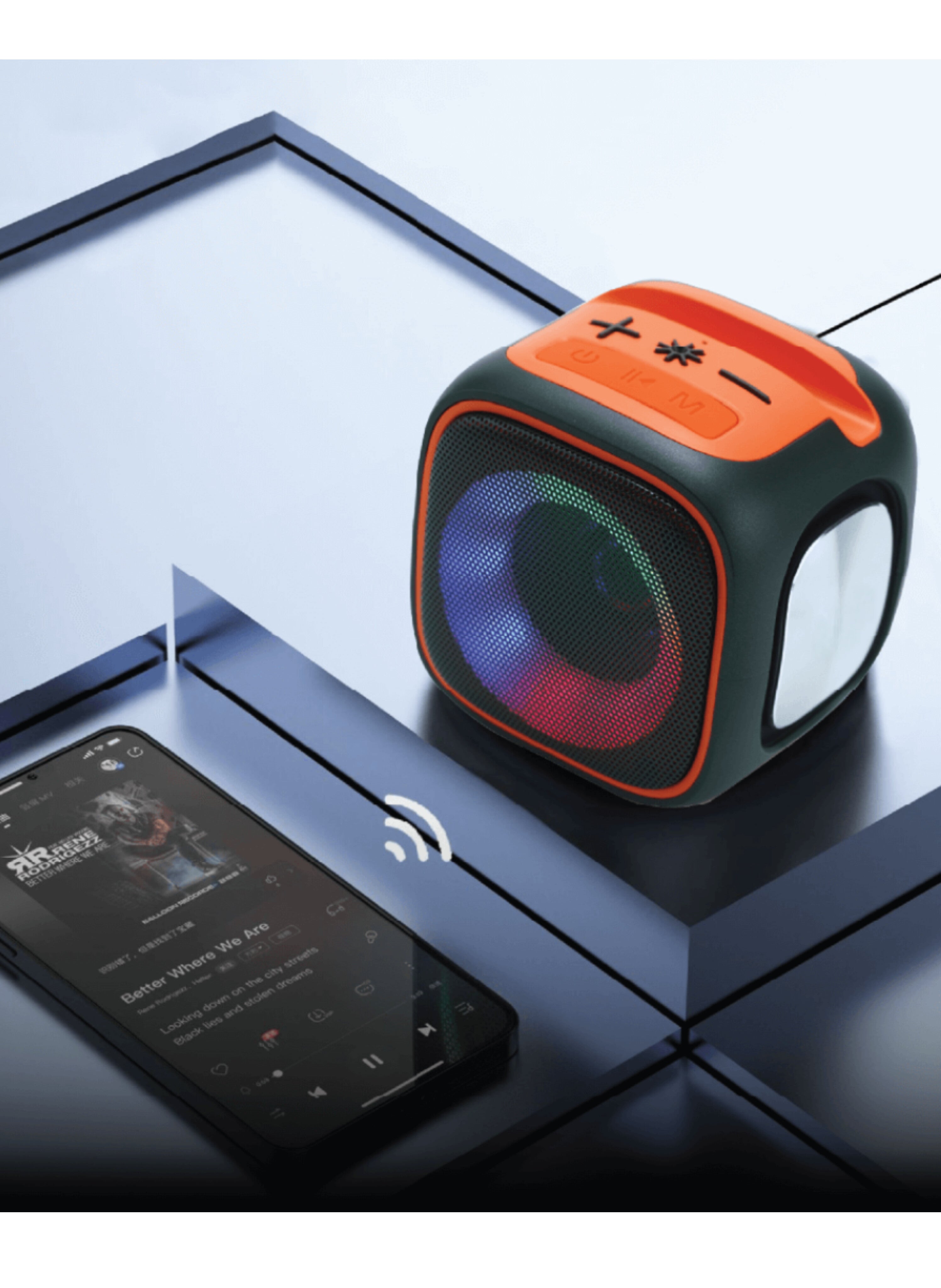 مكبر صوت لاسلكي محمول بتصميم مكعب، مع إضاءة LED ملونة، وصوت جهير فائق الجودة، وخيارات تشغيل متعددة Portable Wireless Speaker Cube Design, with Dynamic LED Lighting, Superior Low-Frequency Audio, and Multiple Playback Options