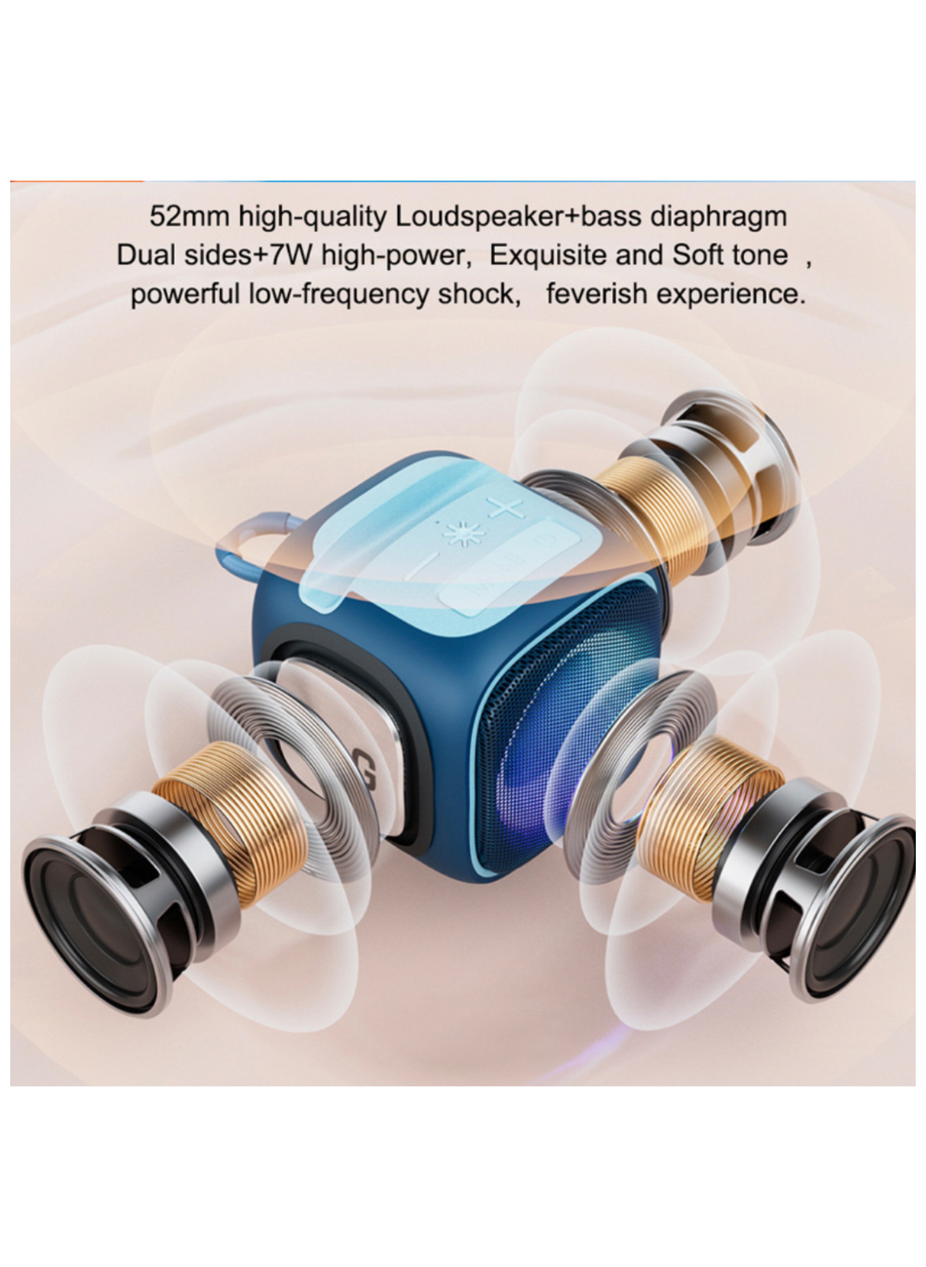 مكبر صوت لاسلكي محمول بتصميم مكعب، مع إضاءة LED ملونة، وصوت جهير فائق الجودة، وخيارات تشغيل متعددة Portable Wireless Speaker Cube Design, with Dynamic LED Lighting, Superior Low-Frequency Audio, and Multiple Playback Options