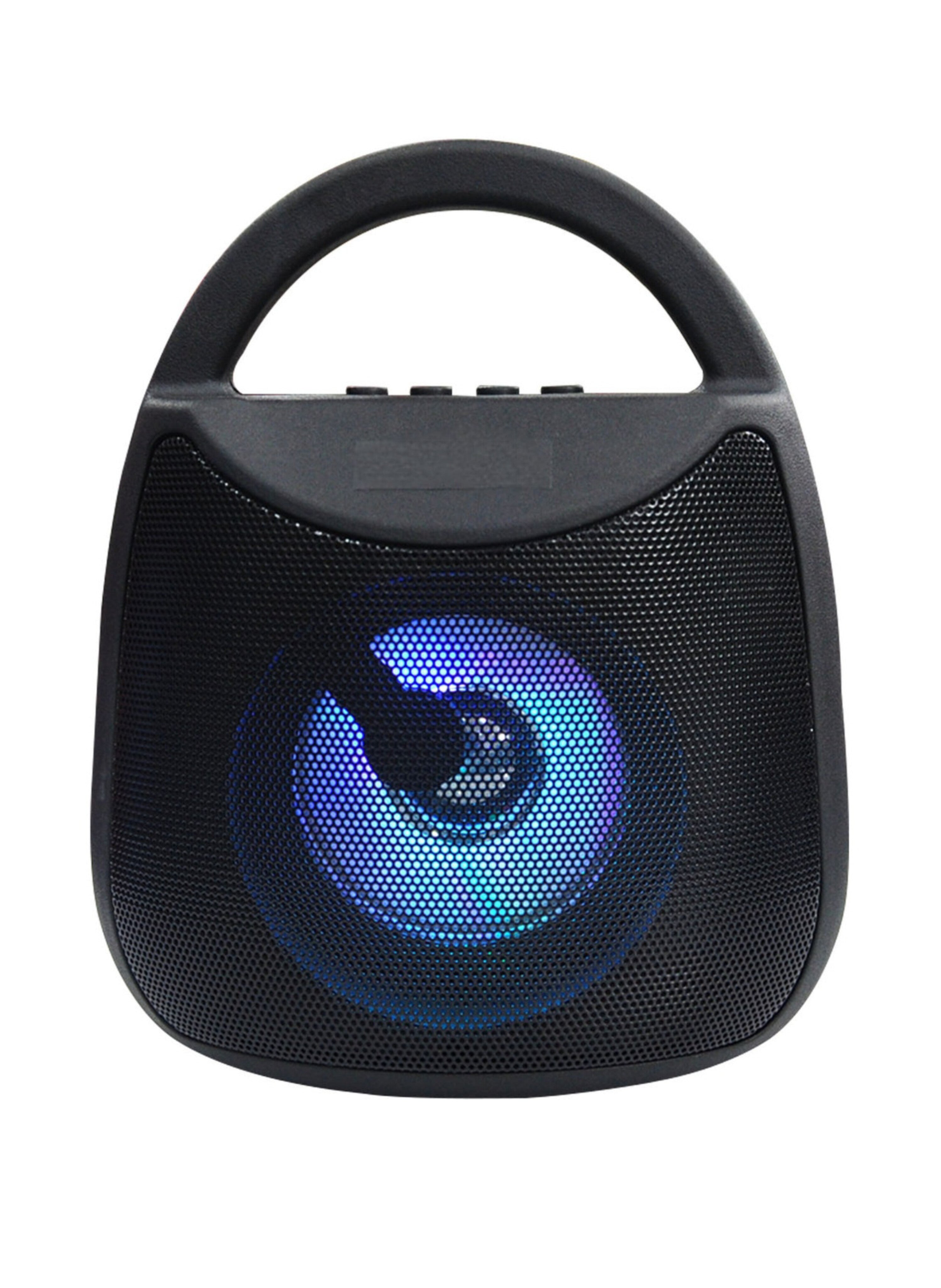 مكبر صوت بلوتوث محمول أسود مع إضاءة LED ملونة - سماعة لاسلكية بصوت قوي ومقبض حمل مريح Black Portable Bluetooth Speaker with Colored LED Light - Wireless Loud Speaker with Comfortable Carry Handle