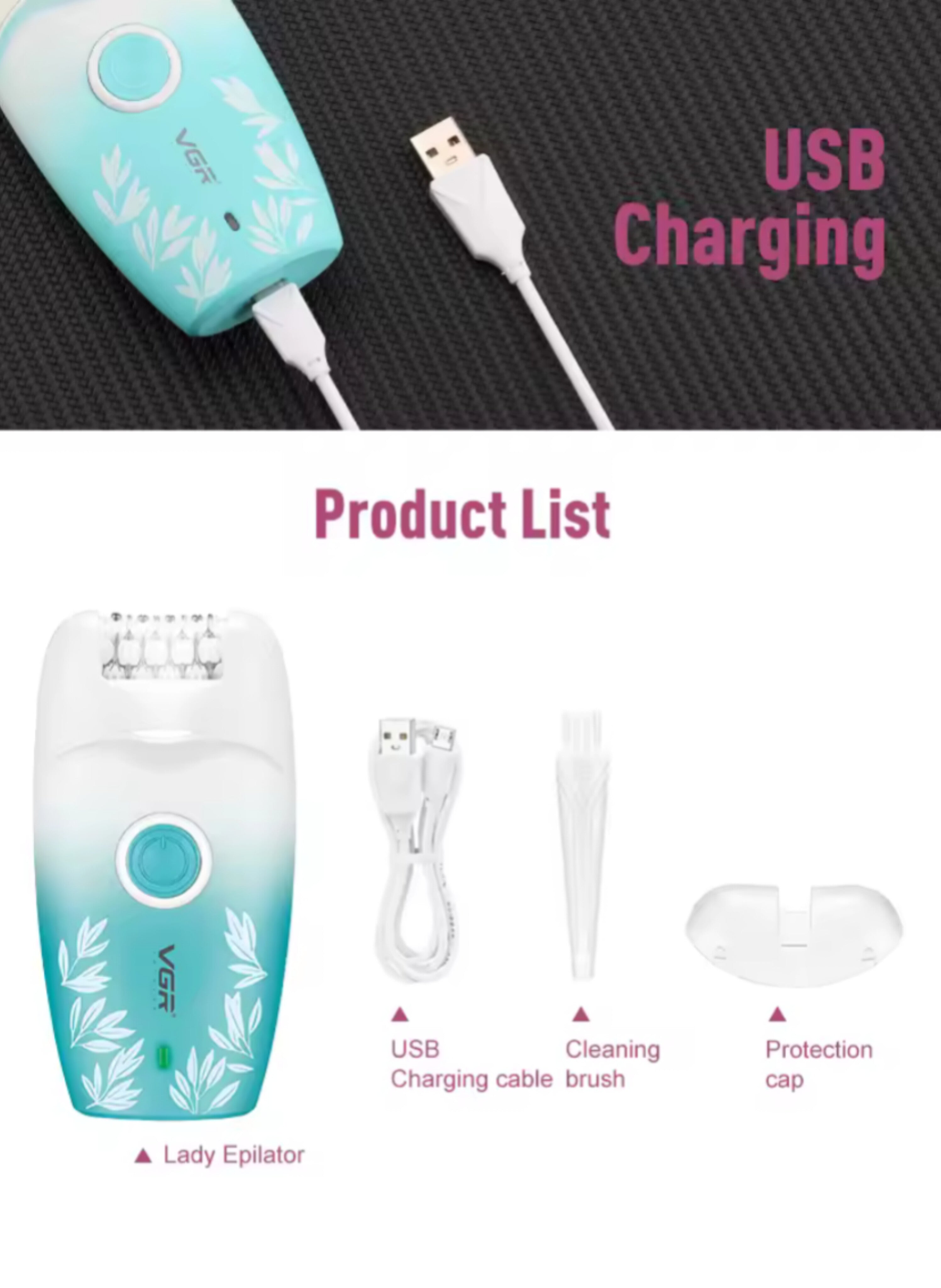 ماكينة إزالة الشعر النسائية القابلة للشحن USB - جهاز ملاقط كهربائي مبتل وجاف بسرعتين مع ضوء كاشف وإضاءة مؤشر للبطارية Rechargeable USB Women's Epilator - Wet & Dry Electric Tweezer Device with Two Speeds, Spotlight, and Battery Indicator Light