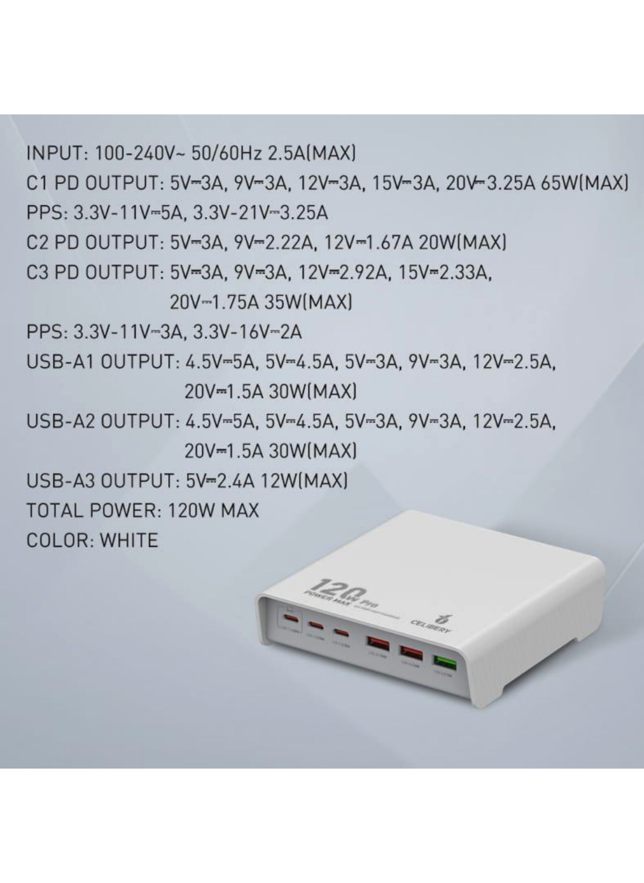 شاحن مكتبي فائق السرعة بقدرة 120 واط – 6 منافذ شحن ذكي PD & USB لأجهزة اللابتوب والهواتف والأجهزة اللوحية