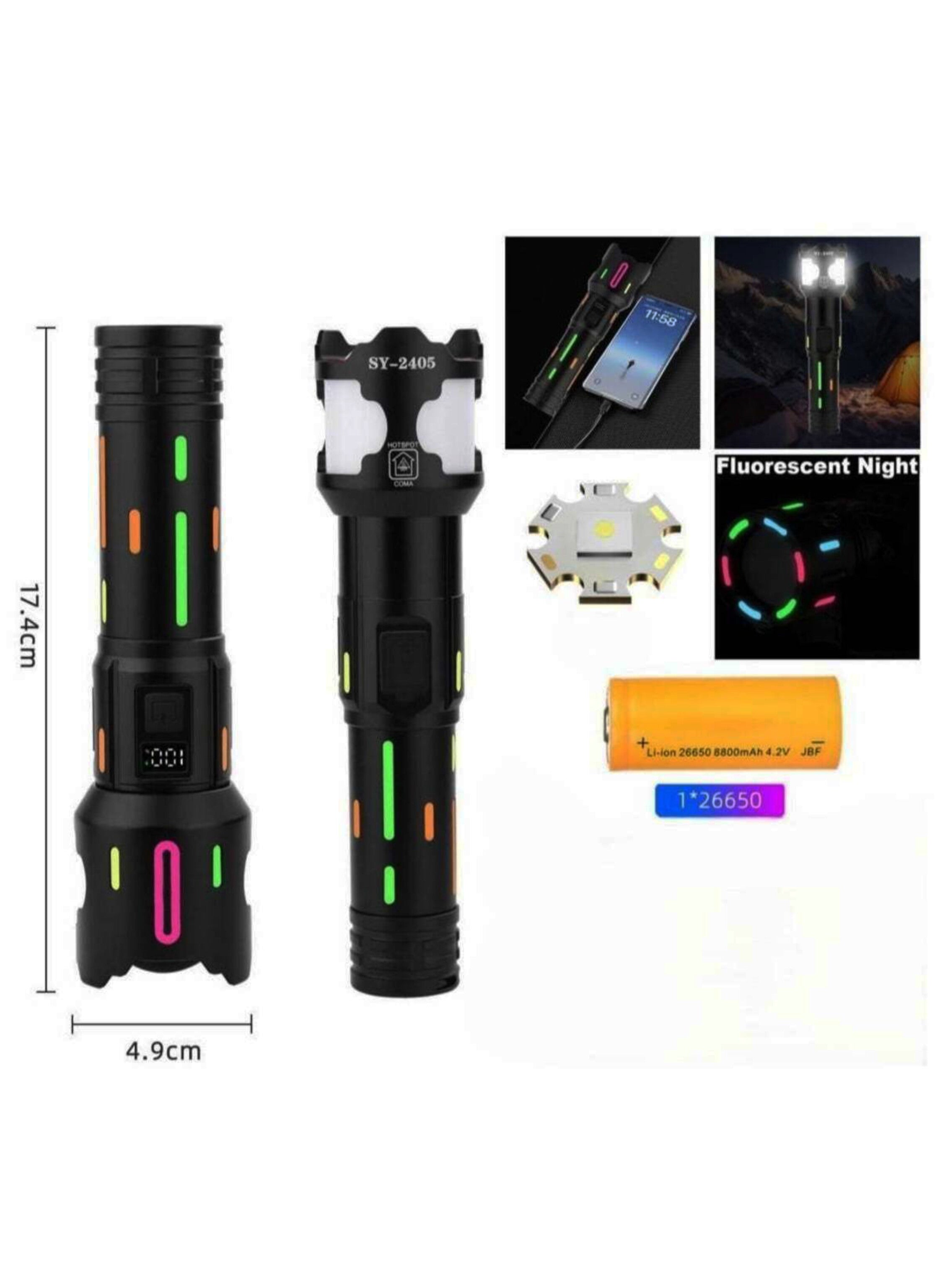 مصباح يدوي  فائق السطوع V5 LED مع بنك طاقة USB-C، وهيكل مضيء في الظلام، ومتانة مقاومة للماء بمعيار IPX6