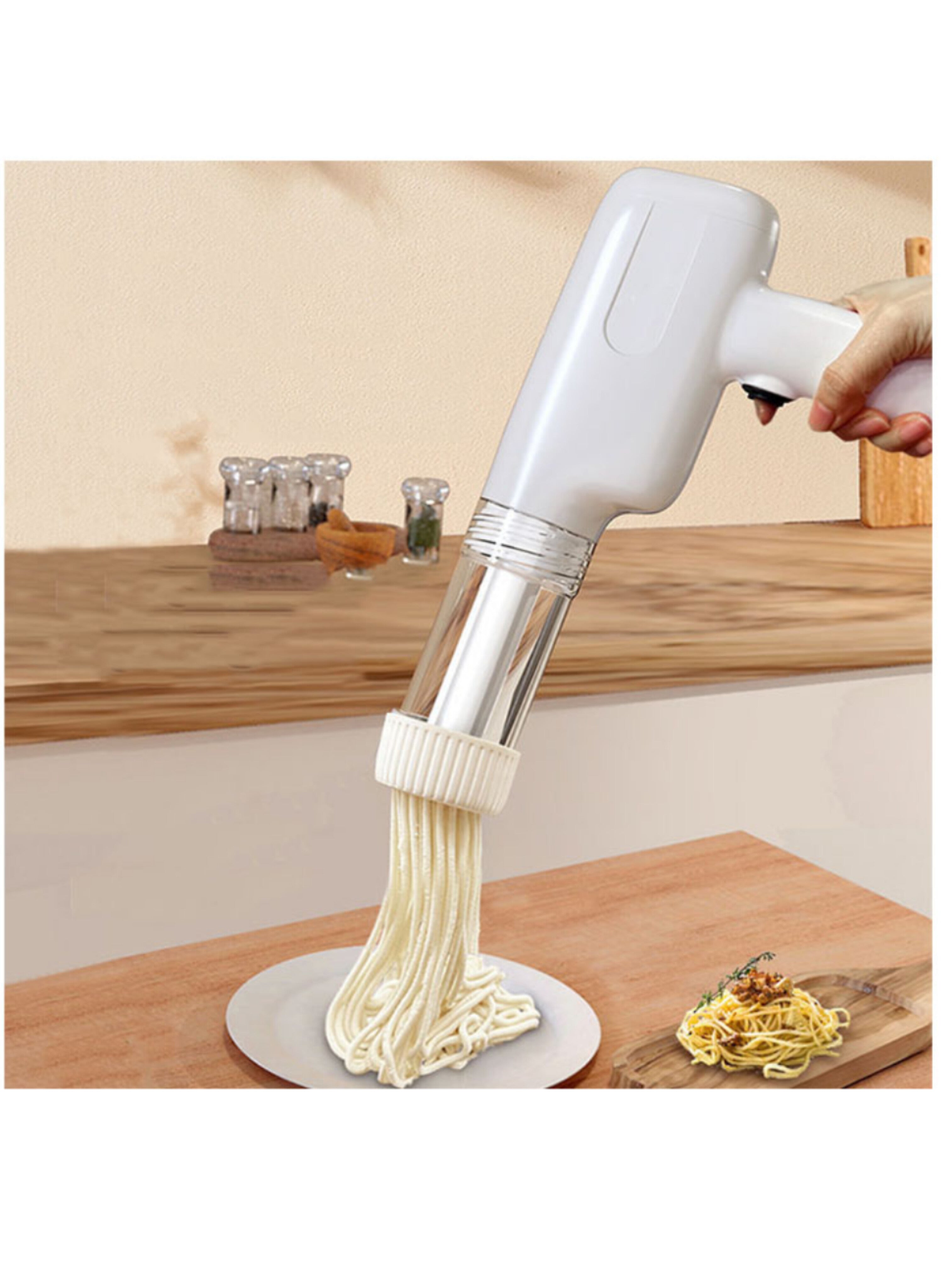 ماكينة صنع المكرونة والمعكرونة الكهربائية الأوتوماتيكية المحمولة 5 في 1، ببطارية قابلة للشحن ورؤوس تشكيل متعددة Portable 5-in-1 Automatic Electric Pasta Maker & Noodle Machine, Rechargeable Cordless Dough Presser with Multi-Shape Molds for Home Use.