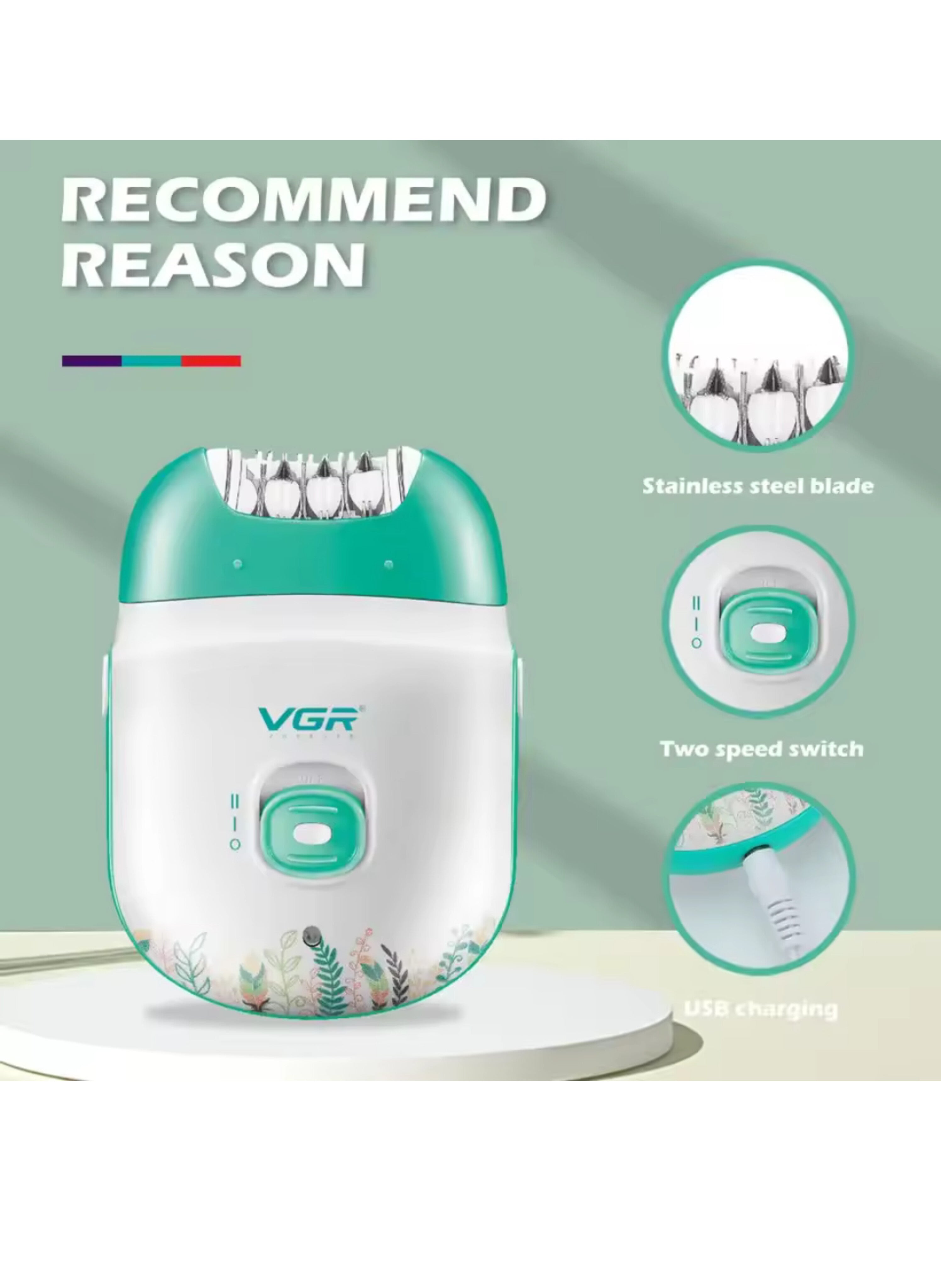 مزيل شعر كهربائي احترافي للنساء قابل لإعادة الشحن - آلة نزع الشعر الوجه والساقين والجسم بالكامل بسرعتين وشاحن USB Professional Rechargeable Electric Epilator for Women - Two-Speed Hair Removal Machine for Face, Legs, and Full Body with USB Charging