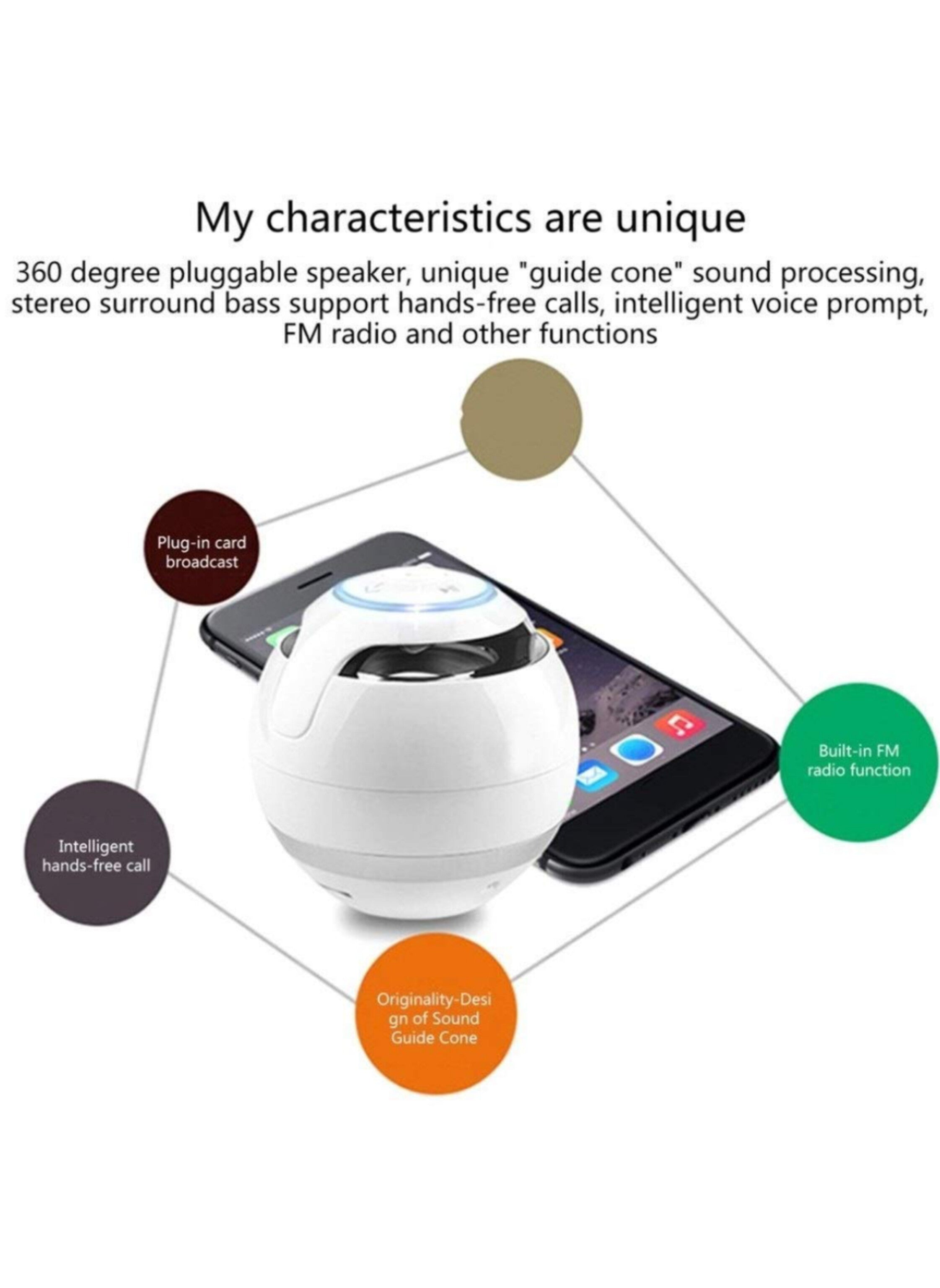 مكبر صوت شكل كرة  بلوتوث محمول متعدد الوظائف لون ابيض  Multifunctional Portable Bluetooth Ball Speaker, White