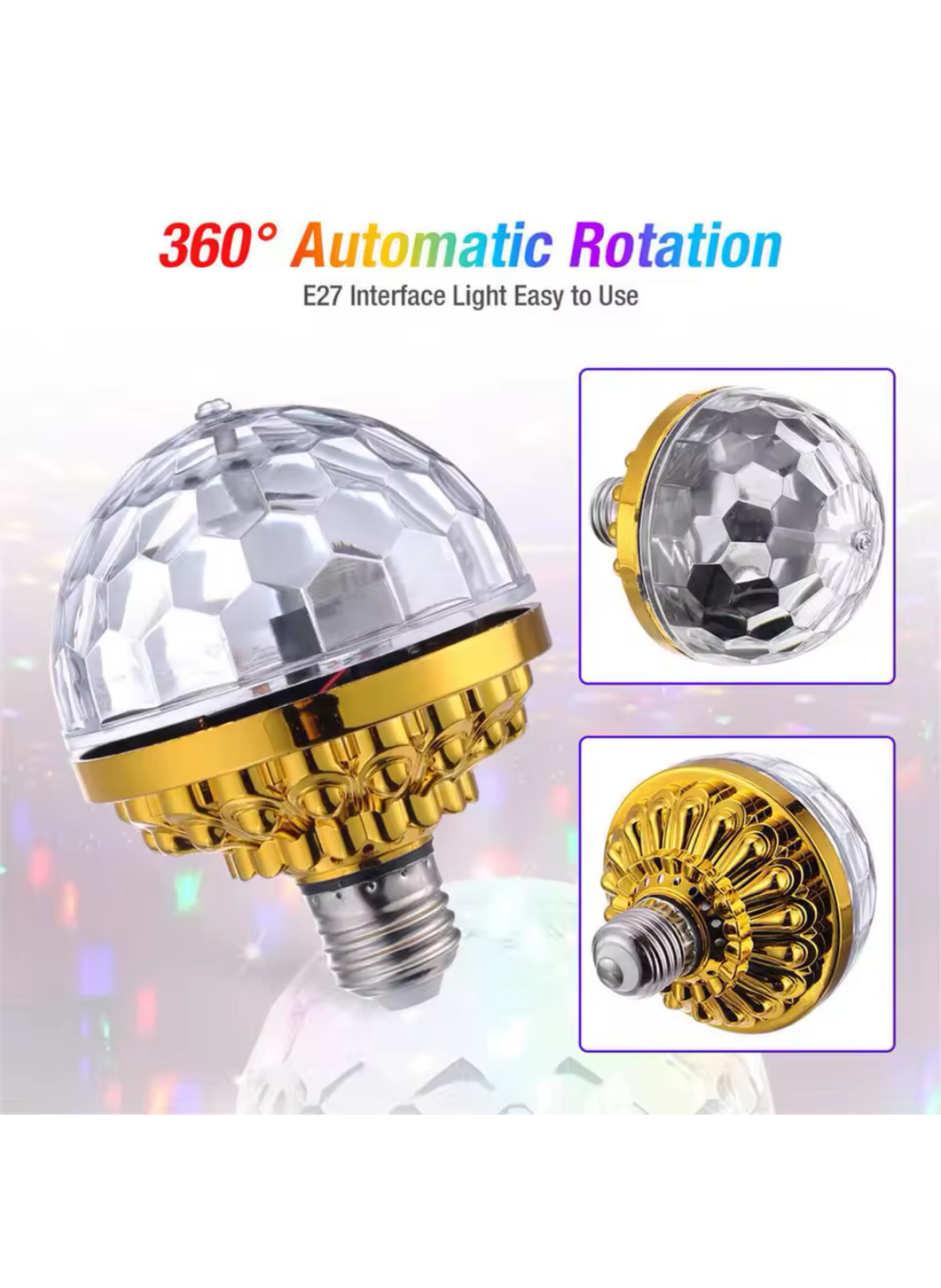 مصباح كرة ديسكو LED دوار تلقائي 360 درجة للحفلات المنزلية - ضوء ملون سحري كامل التغطية بمقبس E27 360 Degree Automatic Rotating LED Disco Ball Light for Home Parties - Full Color Magic Effect Lamp with E27 Socket