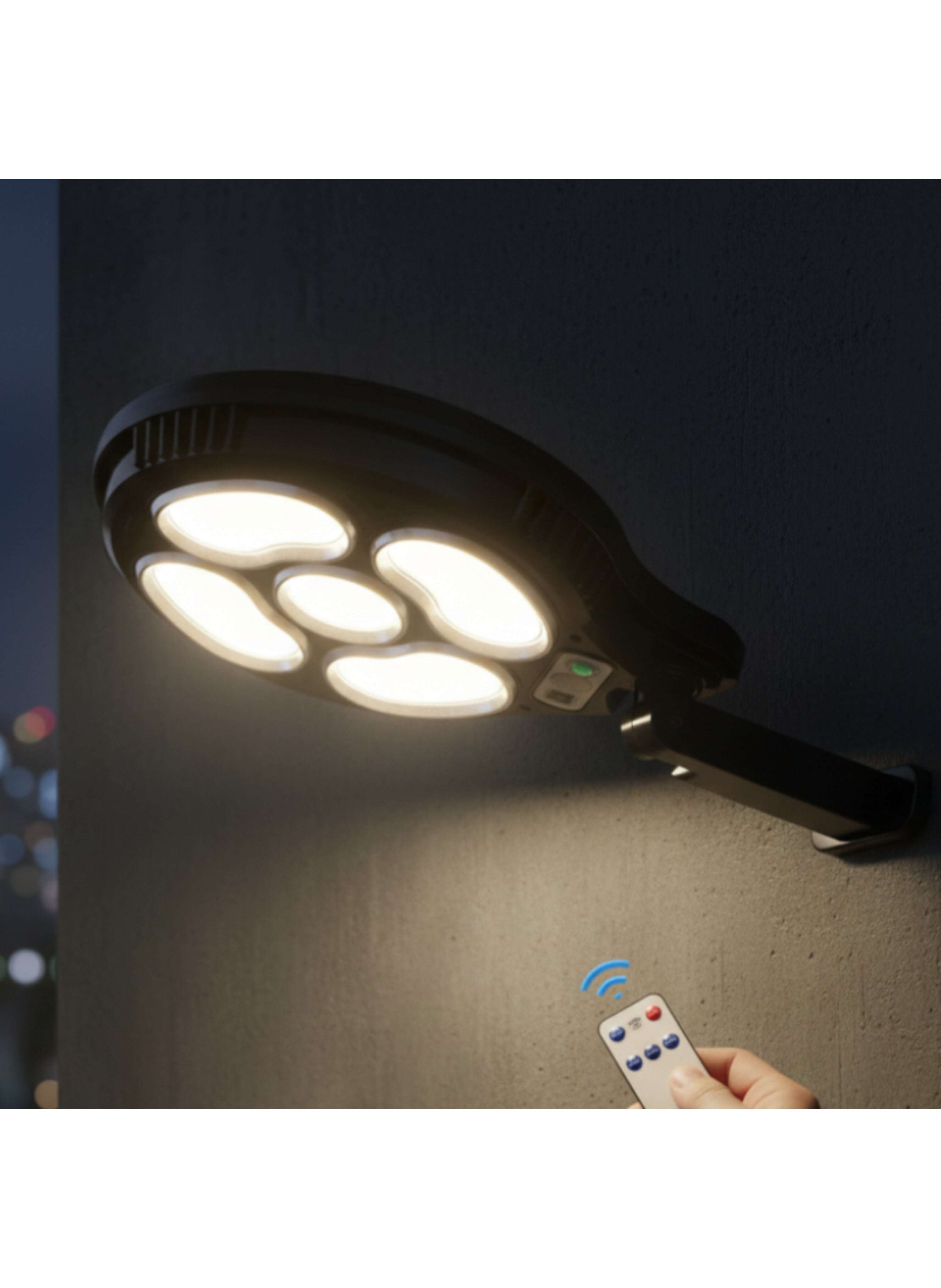 مصباح حائط LED شمسي خارجي COB مع كاشف حركة (PIR) - ضوء أمان 1500 لومن ببطارية قابلة لإعادة الشحن وجهاز تحكم عن بعد Outdoor COB Solar LED Wall Light with PIR Motion Sensor - 1500lm Security Floodlight with Rechargeable Battery and Remote Control