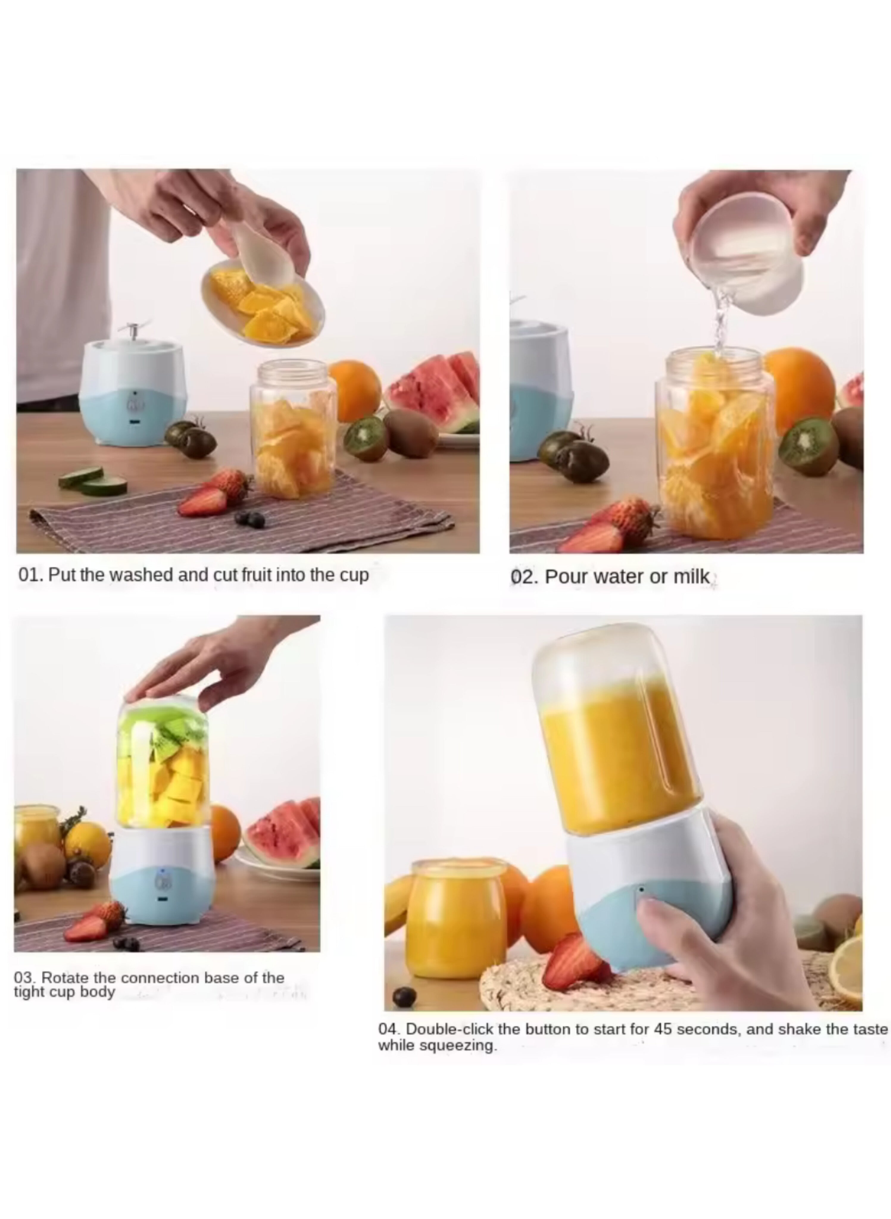 كوب عصارة كهربائي أزرق/أبيض محمول قابل للشحن - خلاط سموذي صغير الحجم بميزة التشغيل بضغطة زر واحدةBlue/White Portable Electric Juicer Cup - Rechargeable Mini Smoothie Blender with Convenient One-Click Start