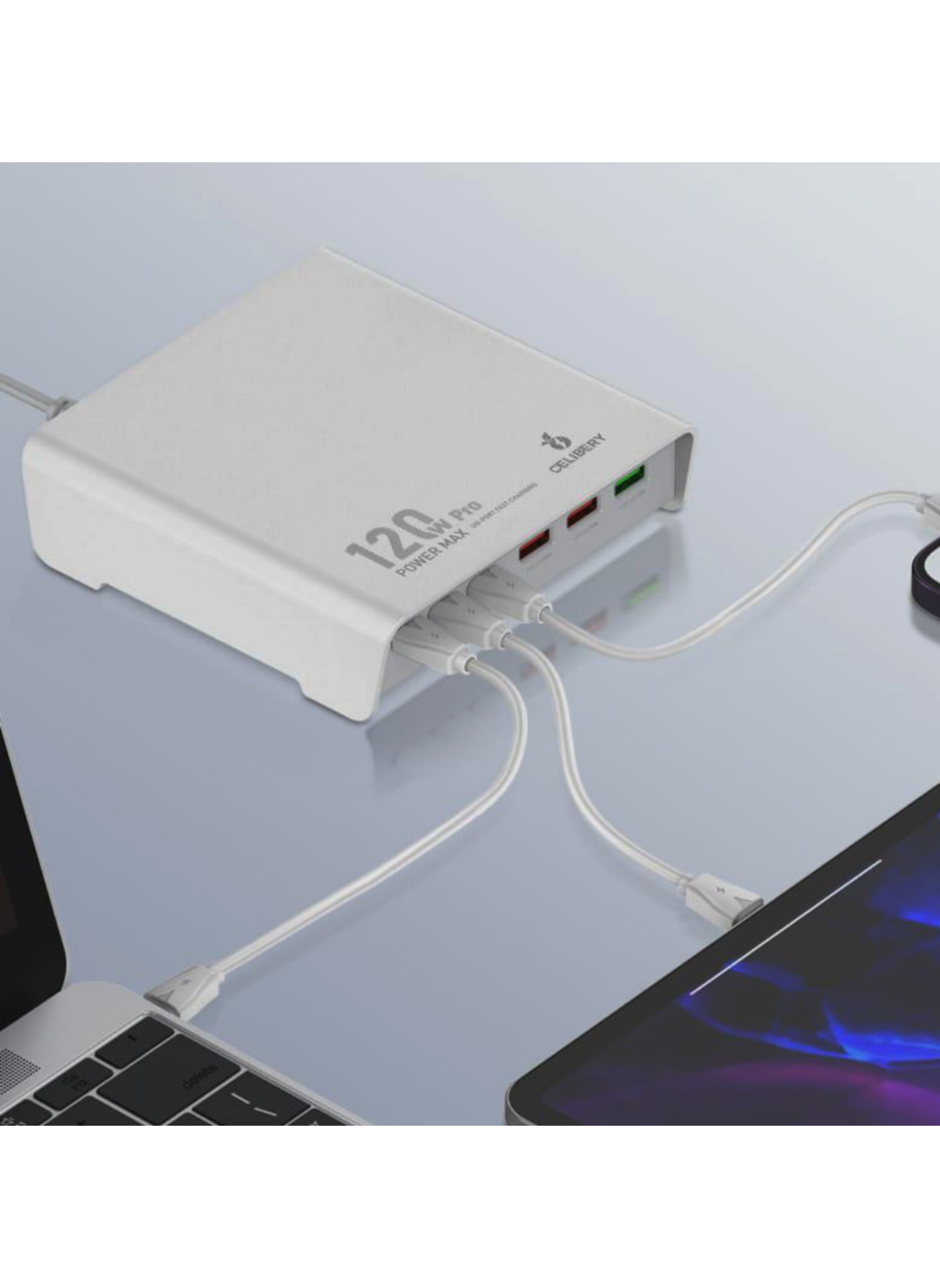 شاحن مكتبي فائق السرعة بقدرة 120 واط – 6 منافذ شحن ذكي PD & USB لأجهزة اللابتوب والهواتف والأجهزة اللوحية