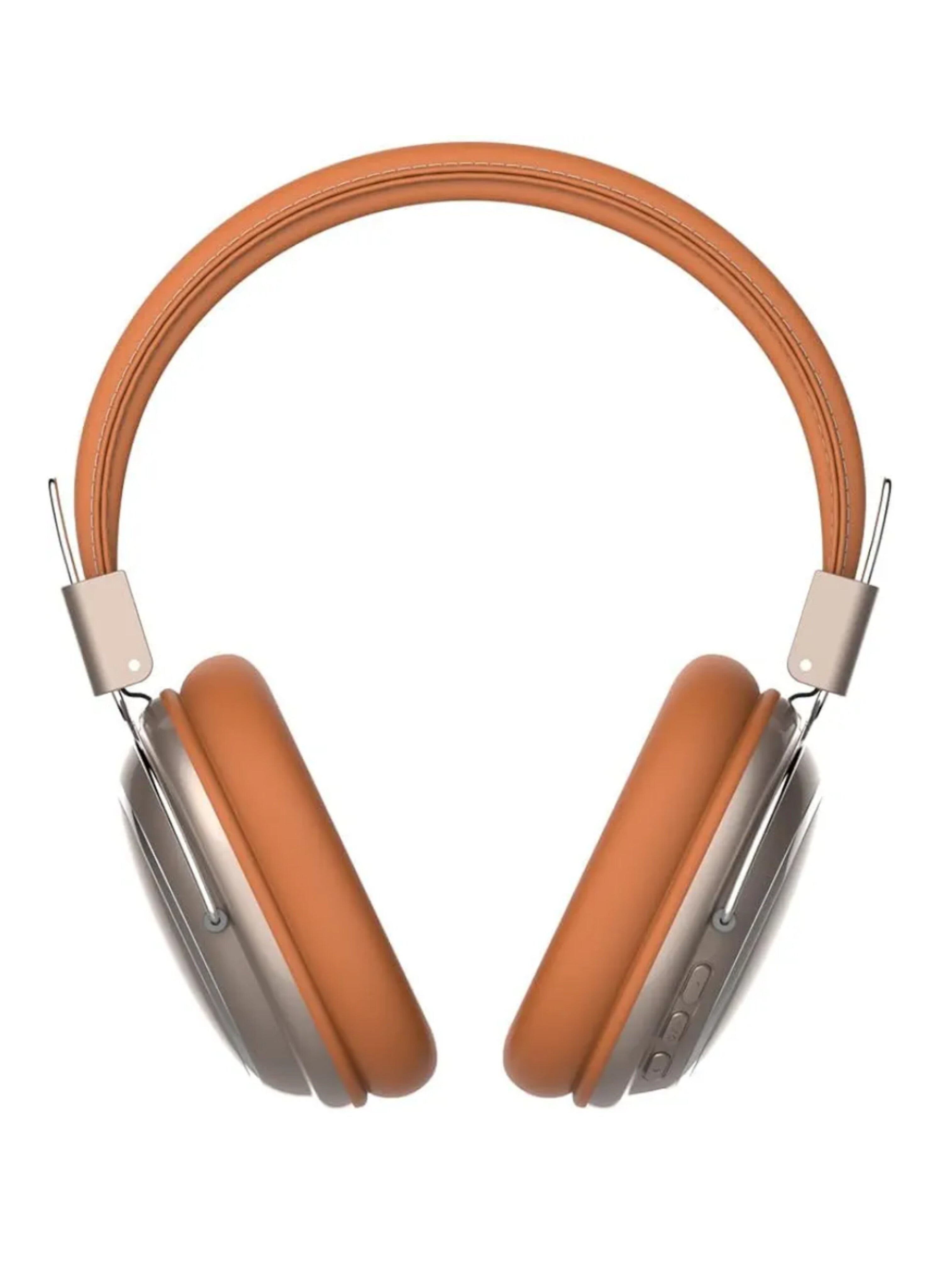 Orange/Tan Leather Wireless Over-Ear Bluetooth Headphones - Modern Design with Silver Metal Accents and HD Stereo Soundسماعات رأس لاسلكية فوق الأذن برتقالية/جلد تان - بلوتوث، تصميم عصري بمعدن فضي وصوت ستيريو عالي الوضوح