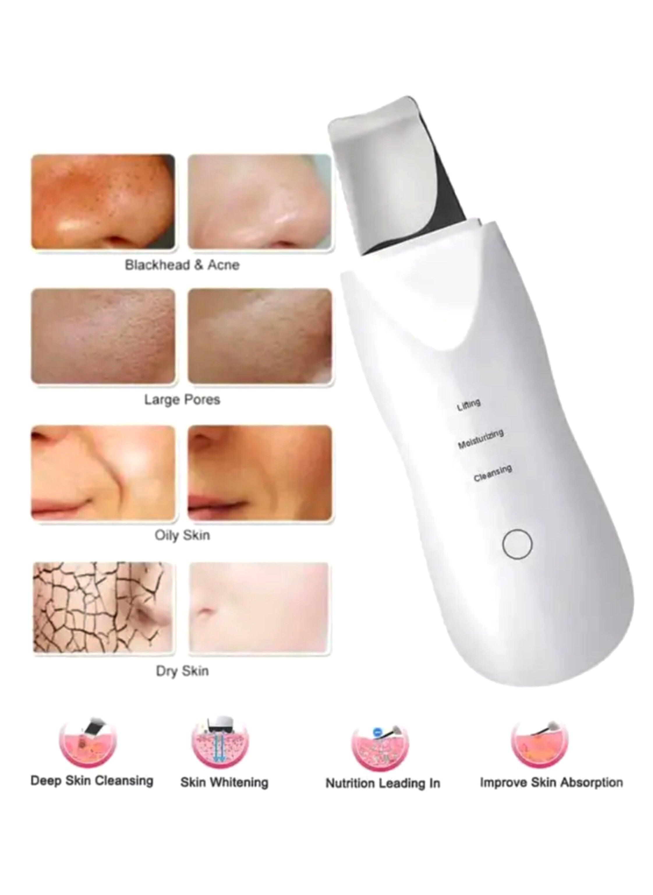 Facial exfoliating tool uses high-frequency vibration technology to effectively remove impurities.  اداة تقشير الوجه تعمل بتقنية الاهتزاز عالي التردد لإزالة الشوائب بفعالية.