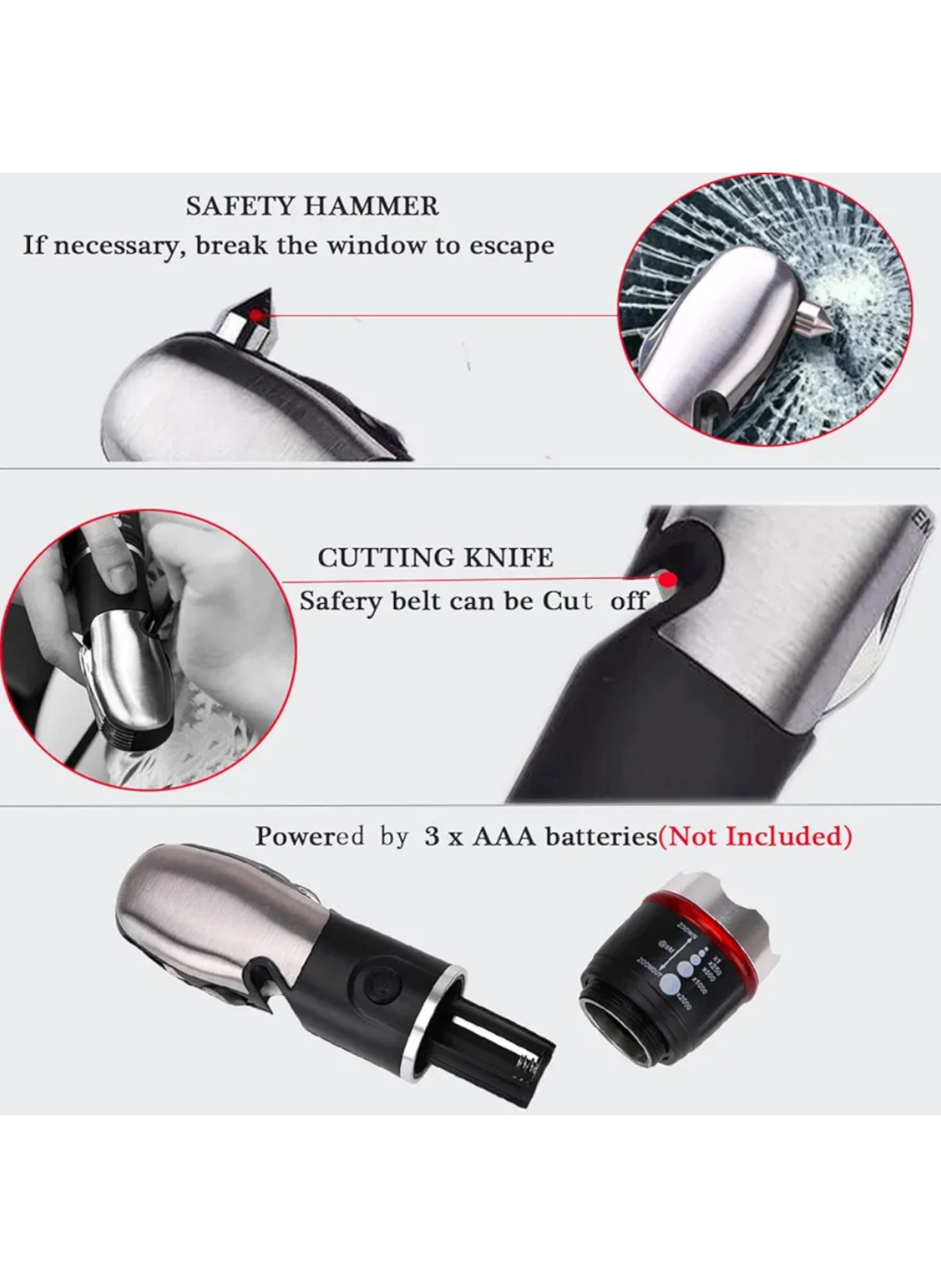 مصباح يدوي LED تكتيكي متعدد المهام للطوارئ - كشاف قوي 5 في 1 مع قاطع حزام أمان وكسارة زجاج وسكين تخييمMulti-Tool Tactical LED Flashlight for Emergencies - 5-in-1 Powerful Torch with Seat Belt Cutter, Glass Breaker, and Camping Knife