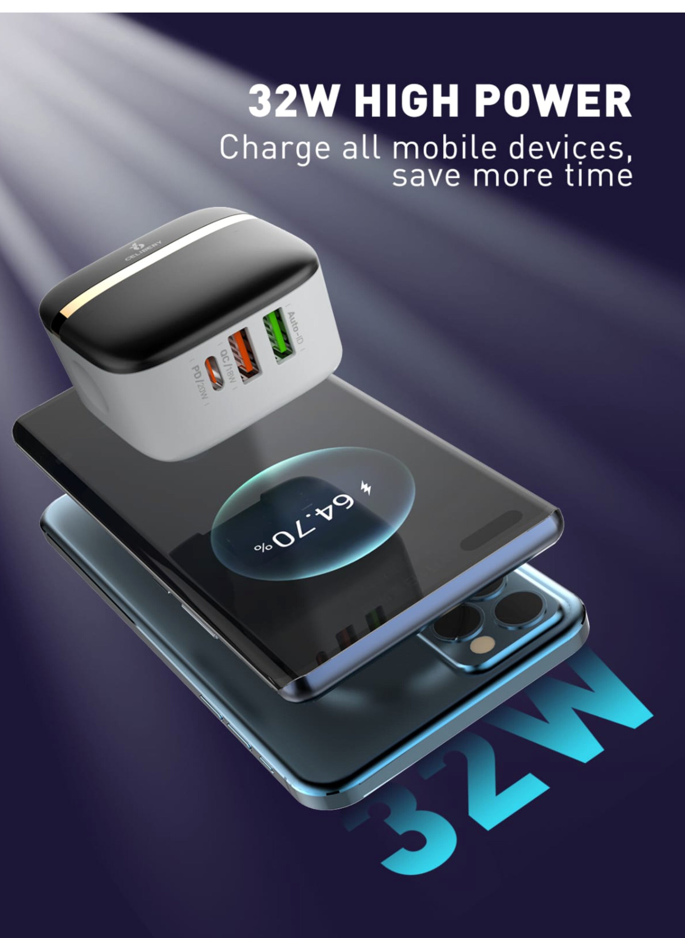 شاحن حائط USB C PD32W، محول من النوع PD3.0/QC 3.0، 3 منافذ CEELIBERY شاحن حائط صغير الحجم من النوع C، شحن سريع لأجهزة iPhone 16/16 Pro/16 Pro Max/15 Pro، وMacBook Pro/Air