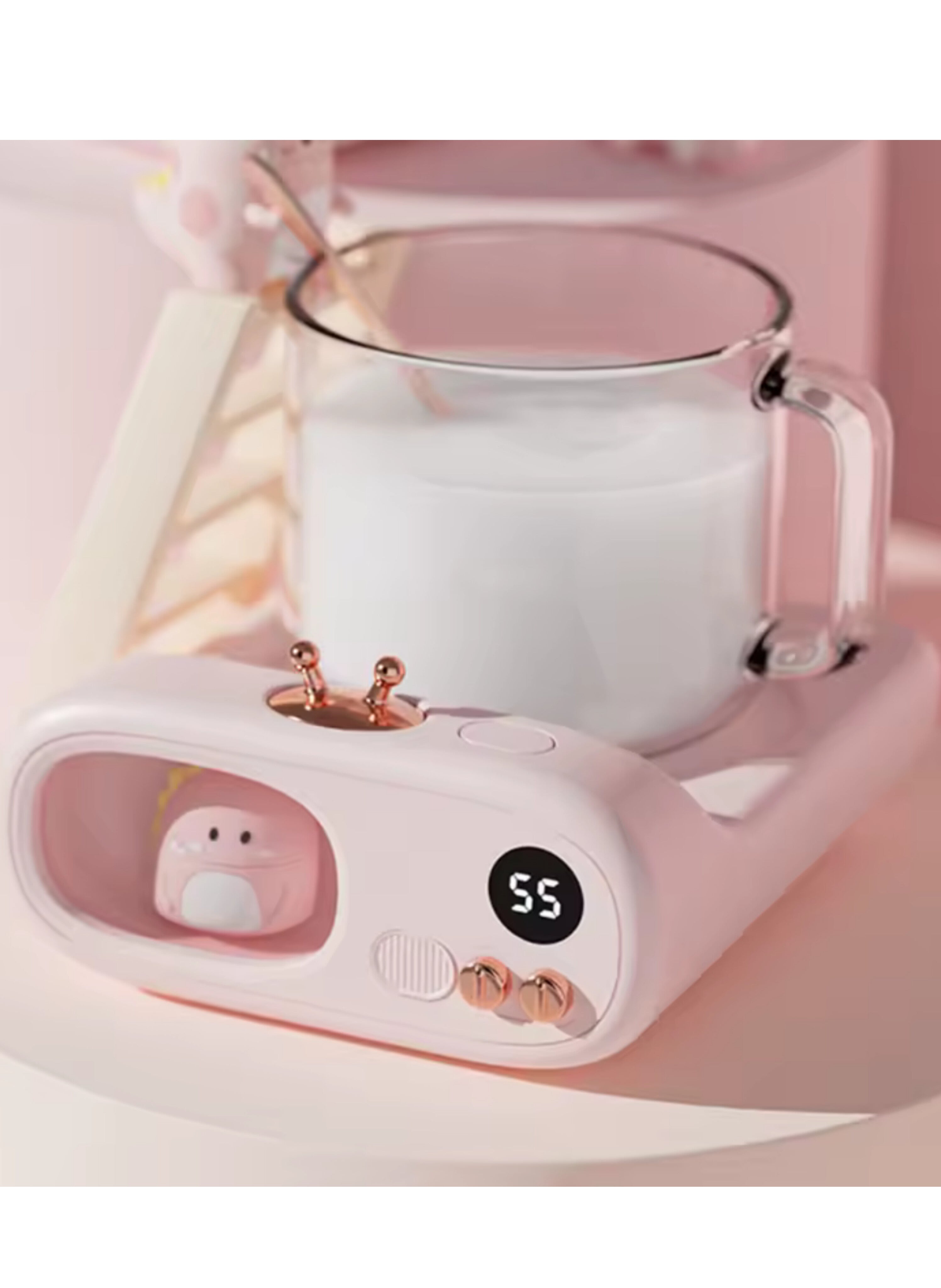 Smart Electric Cute Desktop Mug Warmer, Beverage Heater for Home and Office.مدفأة أكواب مكتبية كهربائية ذكية بتصميم لطيف، مع شاشة رقمية لعرض درجة الحرارة °C ومؤقت، وسخان تسخين القهوة والشاي والحليب الأوتوماتيكي للمنزل والمكتب.