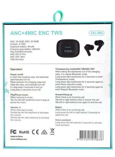 CEL-99A Bluetooth Headphones, 10mm Drivers with True Wireless Earbuds, Big Bass, 25 Hours Playtime, IPX5, 2 Microphones for AI Clear Calls, Black