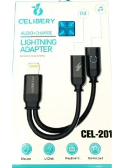 cel-201 محول 2 في 1 للآيفون مع منفذ شاحن ومنفذ سماعة رأس لايتنينج cel-201 2-in-1 Adapter for iPhone with Charger Port and Lightning Headphone Port