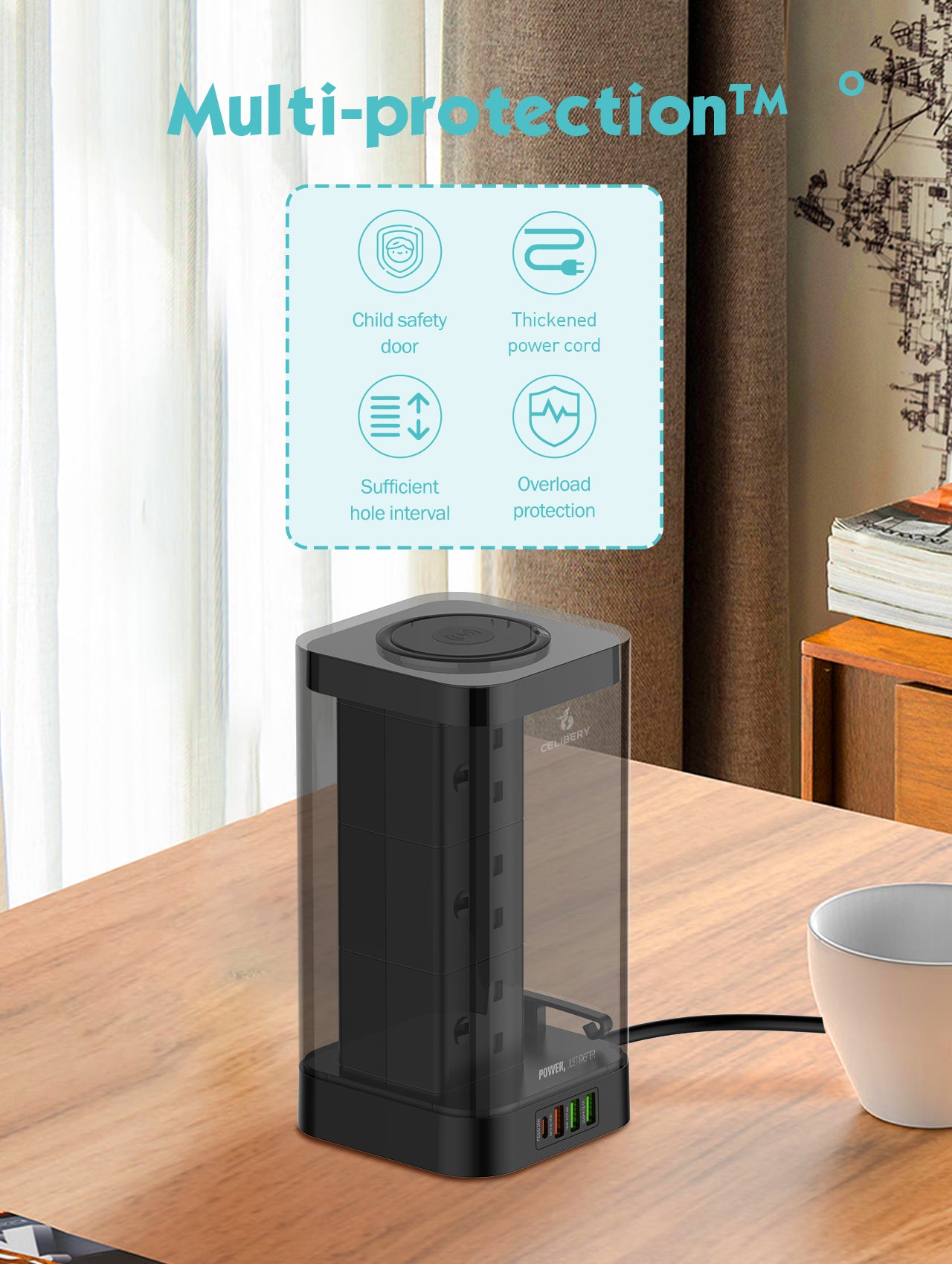 3 in 1 Power Extension Cord With Wireless Charger, And Cable Management Box with lock,4 USB Ports (30W 1* PD,18W 1* QC3.0,2* USB-A), And 6 Outlets 2500W Power Socket for Home, Office And More