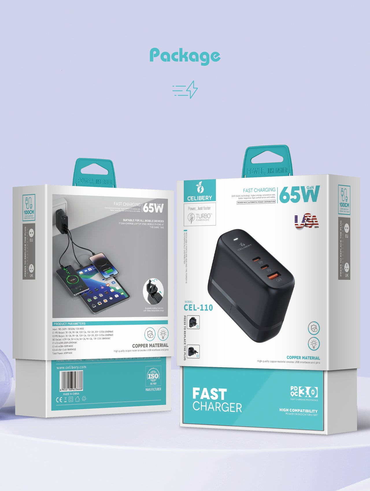 cel-110 65W Type C Charger,Super Fast GaN Wall Charger with 2 PD USB C 1 QC USB A Laptop Charger,3-Port Compact Foldable UK Plug Adaptor for MacBook Air Samsung iPhone iPad Galaxy Huawei Xiaomi and More