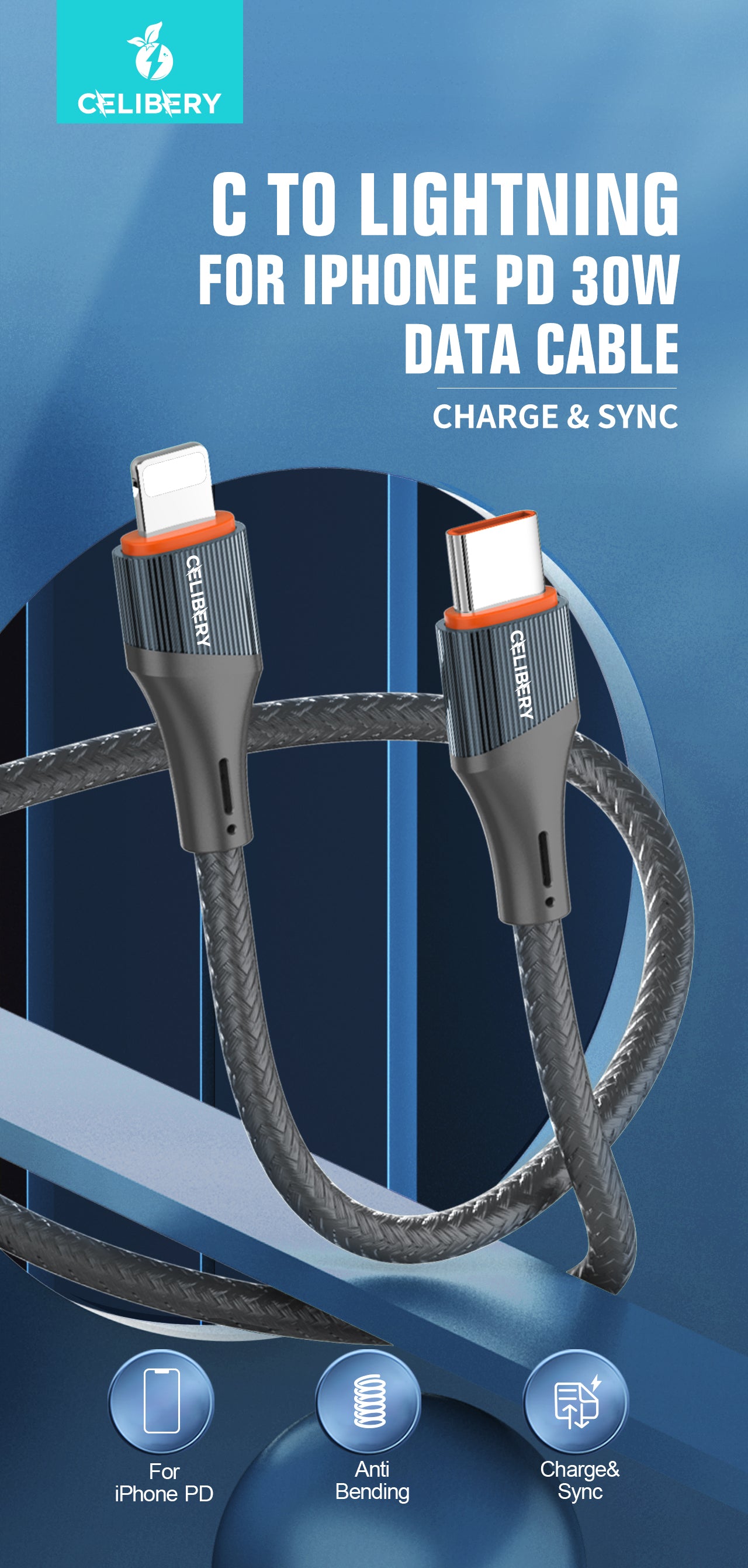 وصلة نقل بيانات وشحن من نوع USB-C TO LIGHTNING  Celibery طراز CEL-101CL Celibery CEL-101CL USB-C TO LIGHTNING Data and Charging Cable