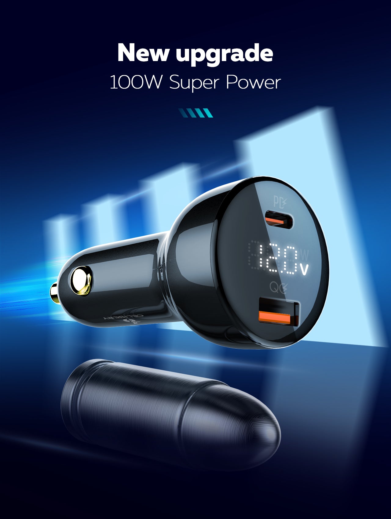 شاحن سيارة فائق السرعة 100 وات، شحن سريع، محول طاقة سيارة بمنفذي USB مع كابل USB C 100 وات، قابس شاحن سريع للسيارة cel-107 100W Super Fast Car Charger, Fast Charging, Dual USB Port Car Power Adapter with 100W USB C Cable