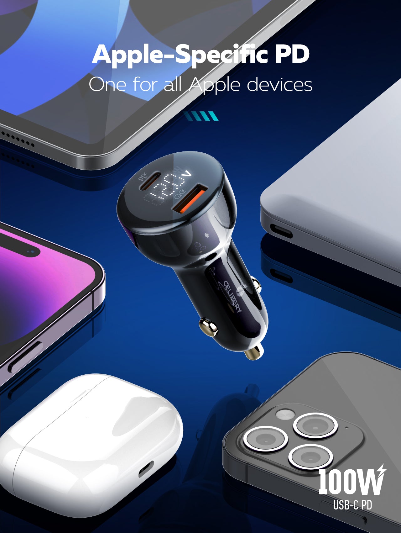 شاحن سيارة فائق السرعة 100 وات، شحن سريع، محول طاقة سيارة بمنفذي USB مع كابل USB C 100 وات، قابس شاحن سريع للسيارة cel-107 100W Super Fast Car Charger, Fast Charging, Dual USB Port Car Power Adapter with 100W USB C Cable
