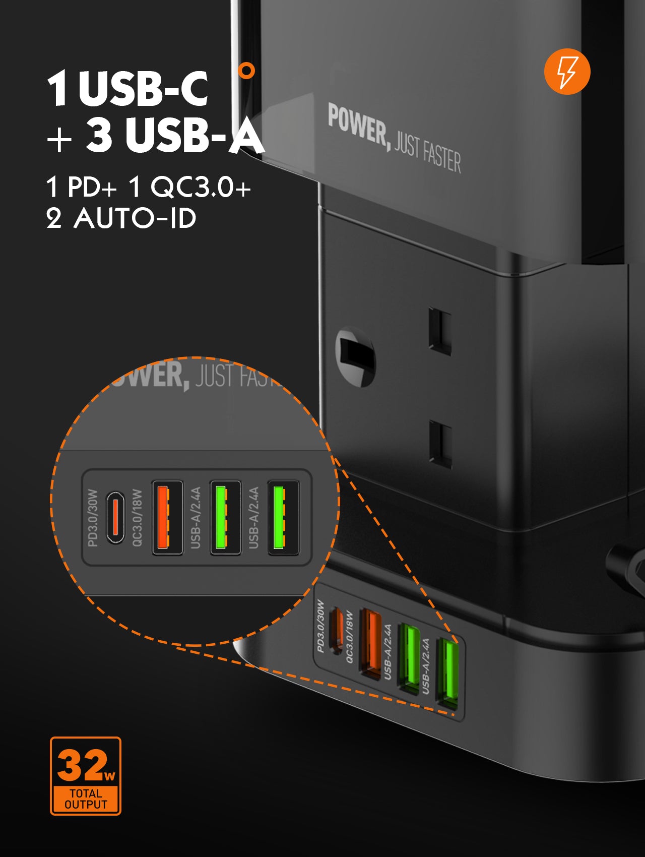 3 in 1 Power Extension Cord With Wireless Charger, And Cable Management Box with lock,4 USB Ports (30W 1* PD,18W 1* QC3.0,2* USB-A), And 6 Outlets 2500W Power Socket for Home, Office And More