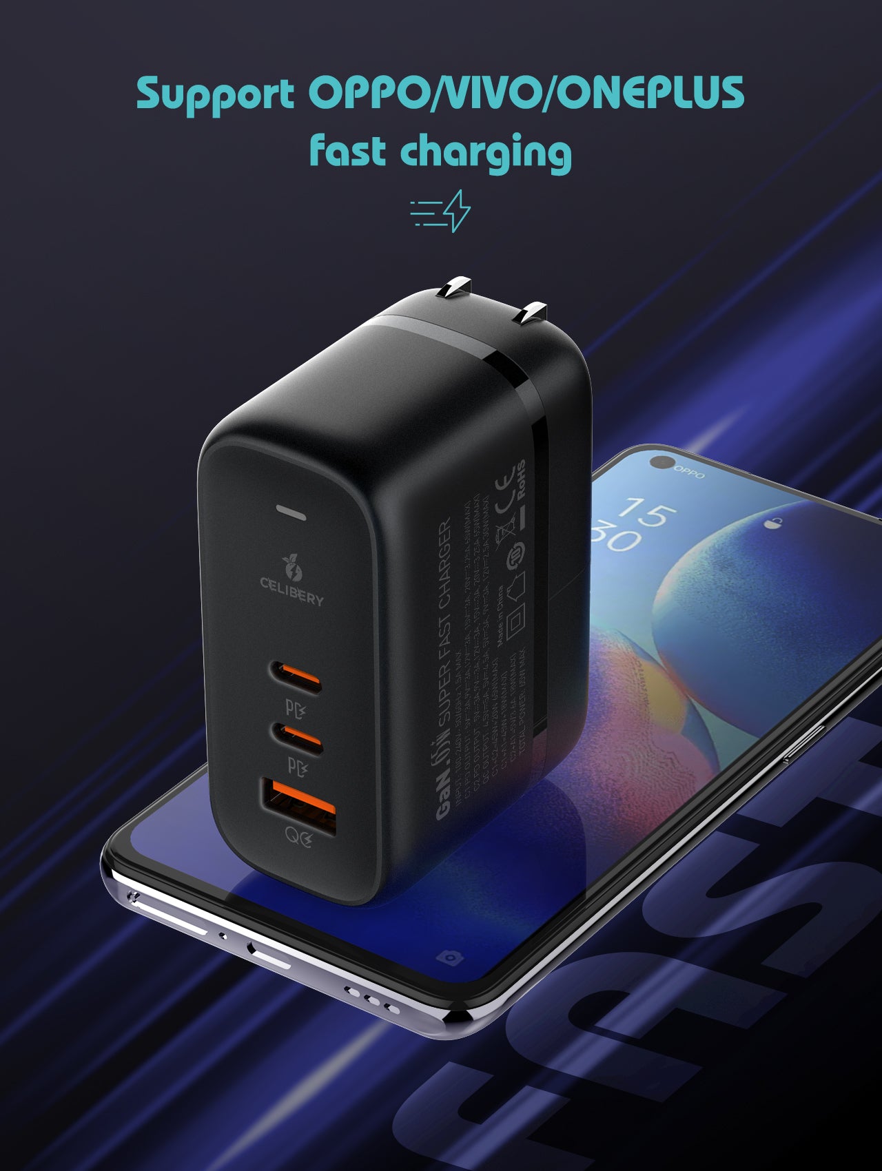 cel-110 65W Type C Charger,Super Fast GaN Wall Charger with 2 PD USB C 1 QC USB A Laptop Charger,3-Port Compact Foldable UK Plug Adaptor for MacBook Air Samsung iPhone iPad Galaxy Huawei Xiaomi and More