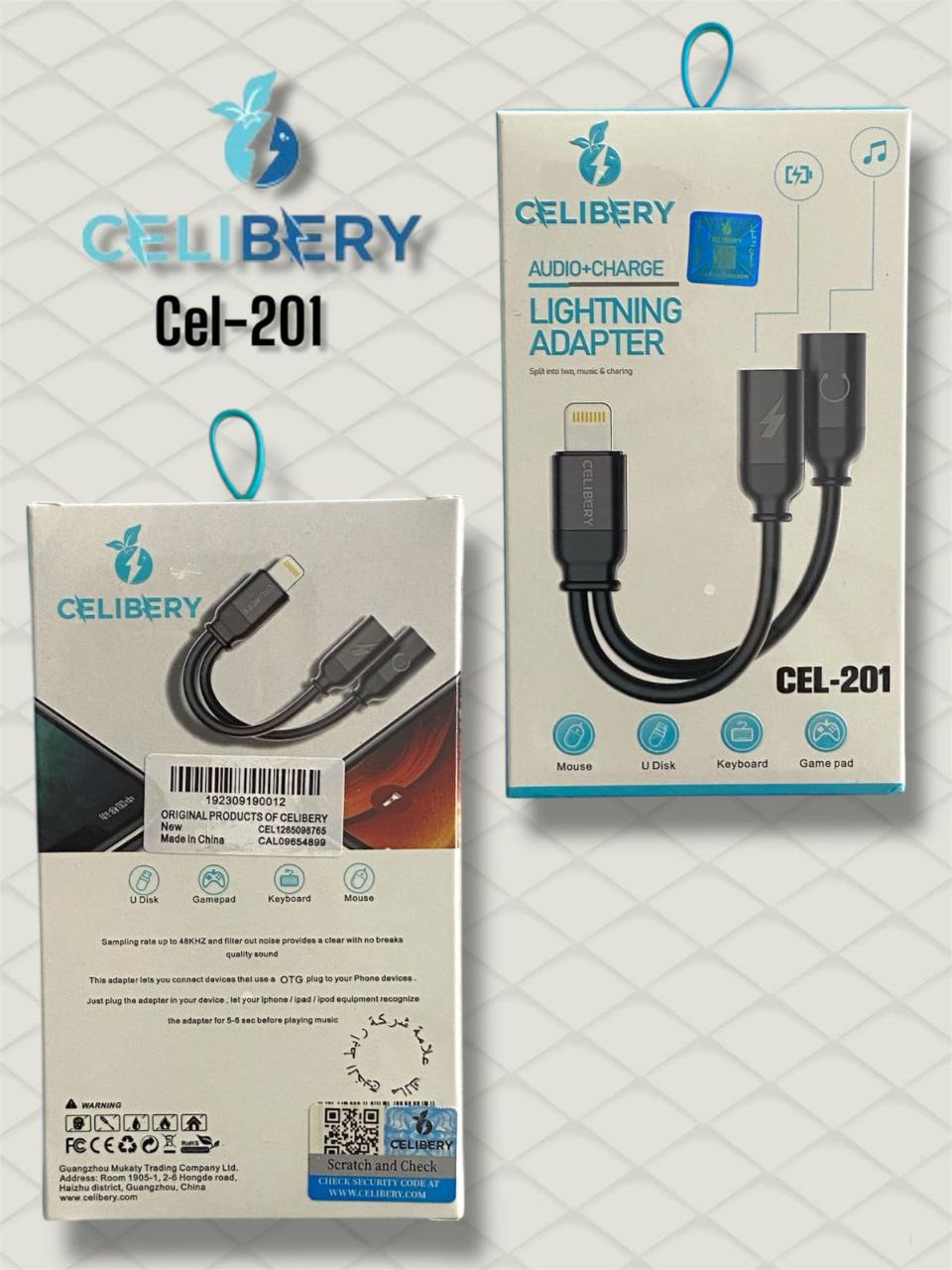 cel-201 محول 2 في 1 للآيفون مع منفذ شاحن ومنفذ سماعة رأس لايتنينج cel-201 2-in-1 Adapter for iPhone with Charger Port and Lightning Headphone Port